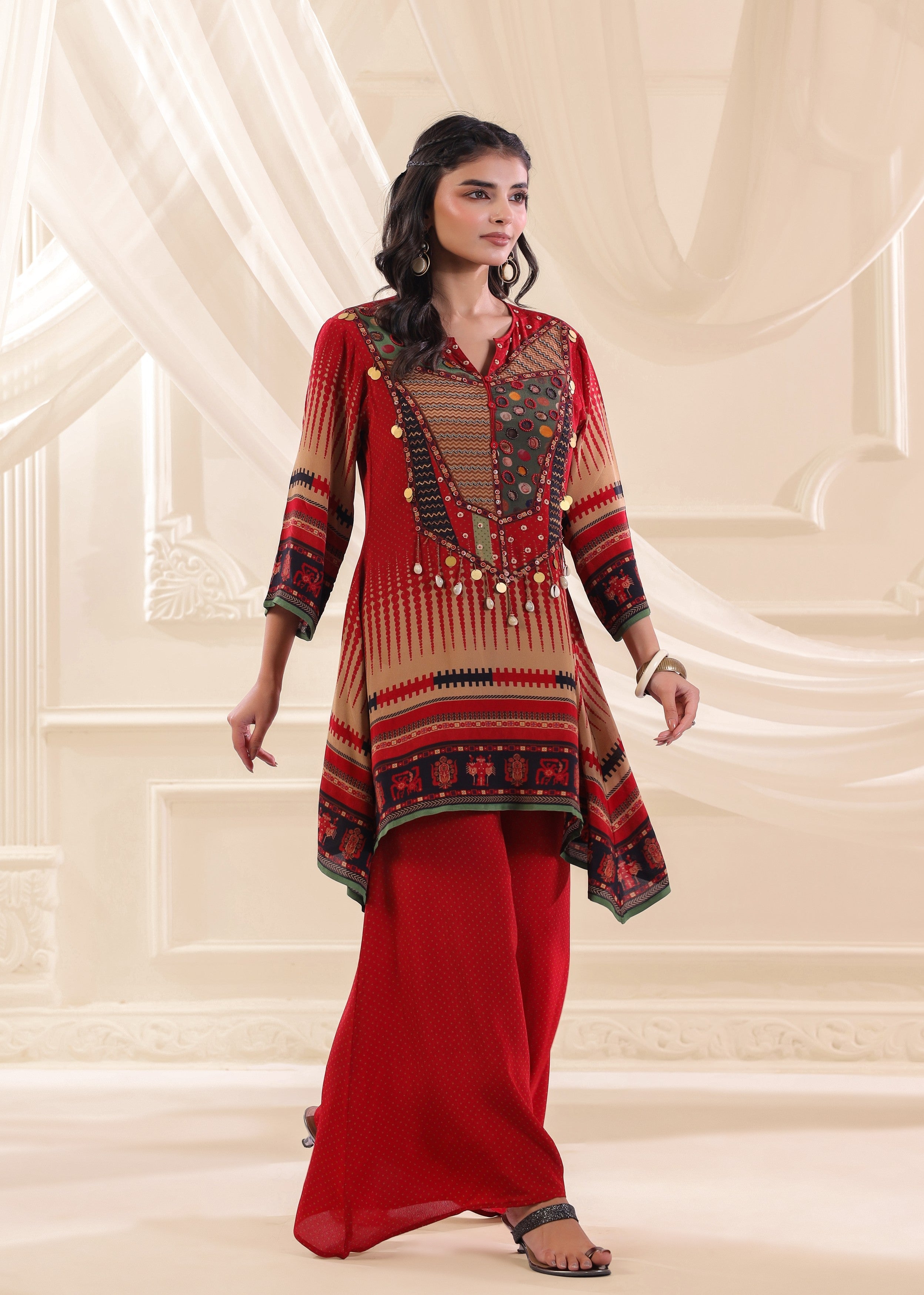 Ruby Tribal Embellished Crepe Silk Co-Ord Set