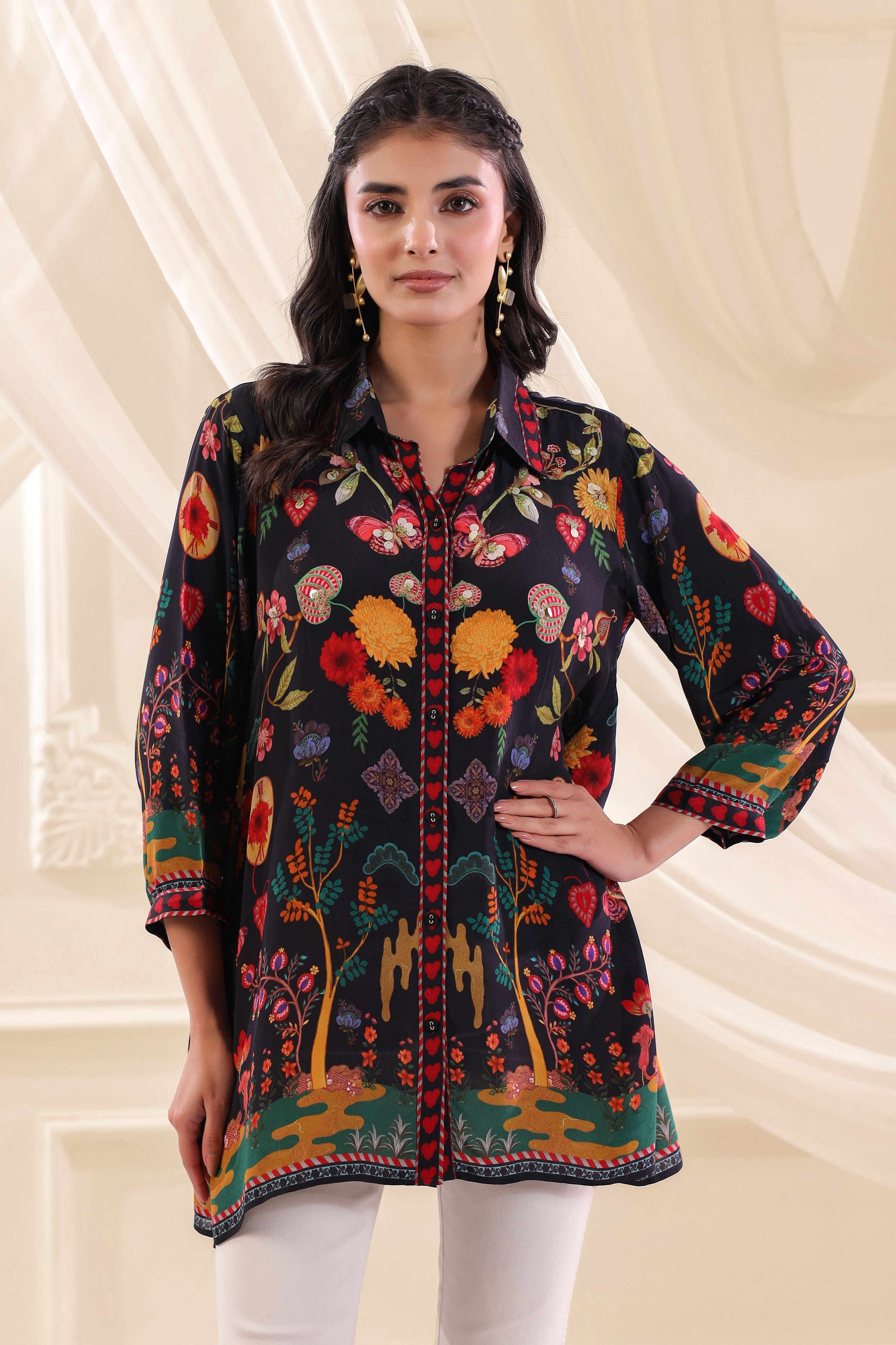 Midnight Garden Printed Crepe Silk Top
