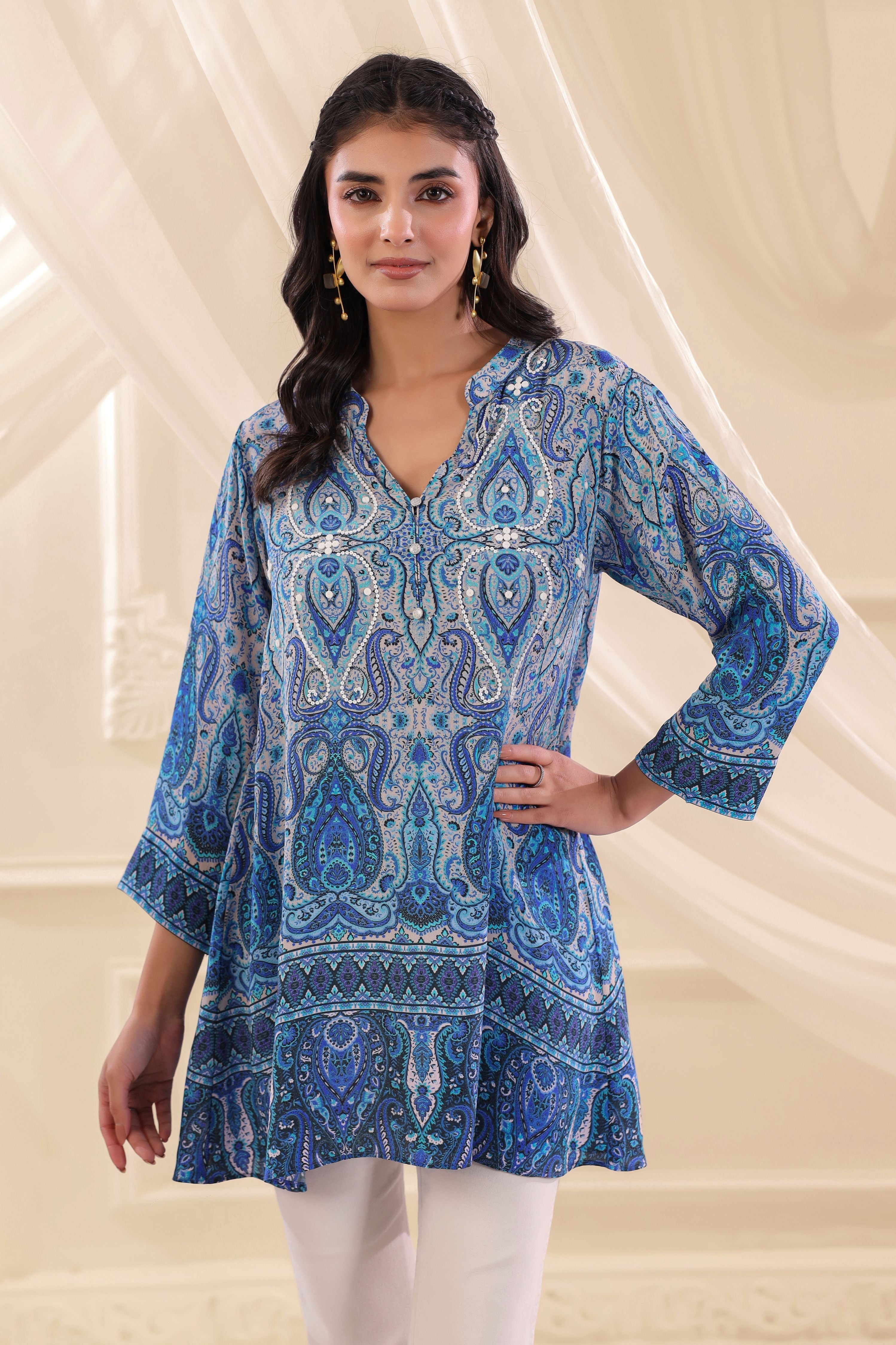 Blue Paisley Printed Crepe Silk Top