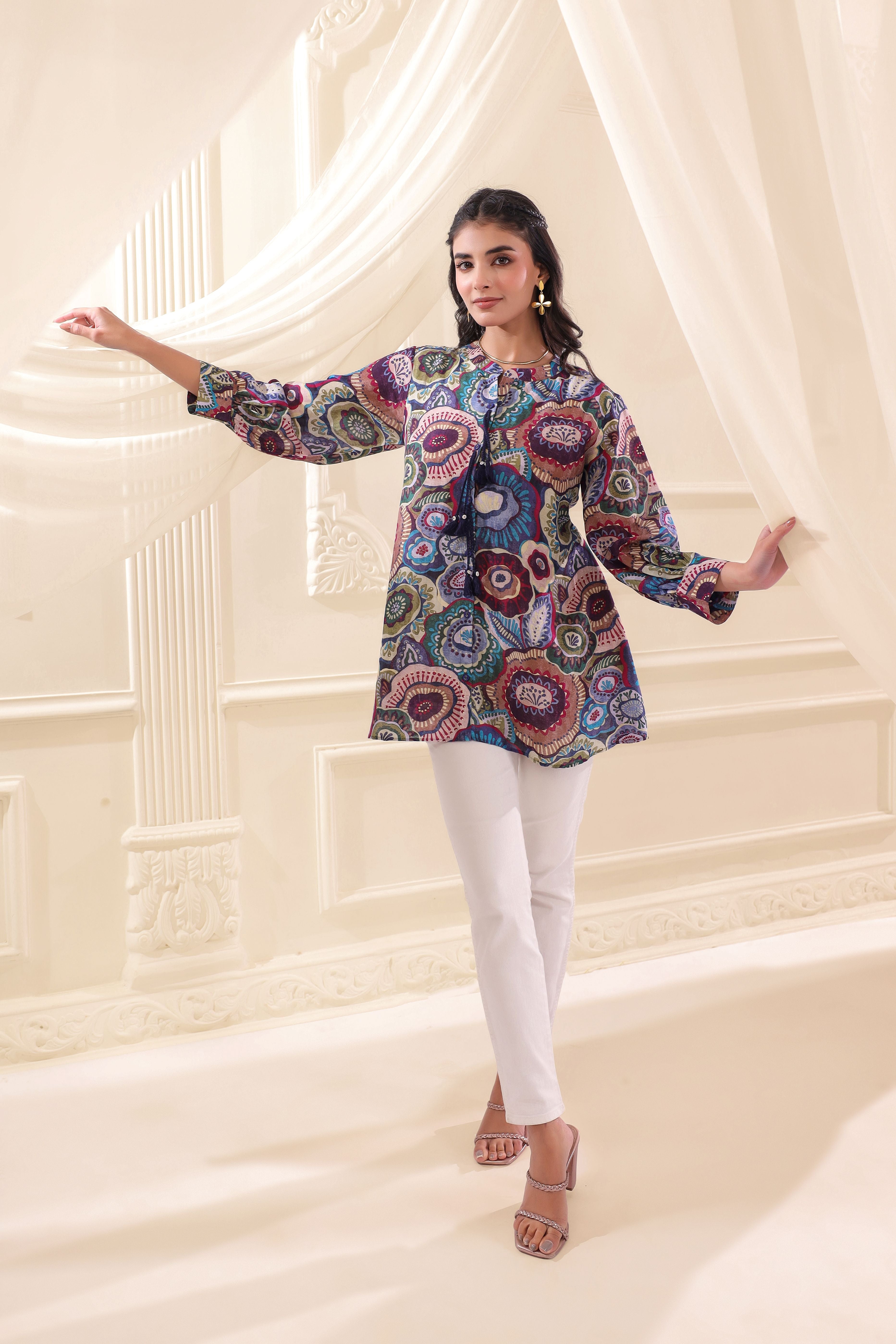Multicolor Floral Printed Linen Top