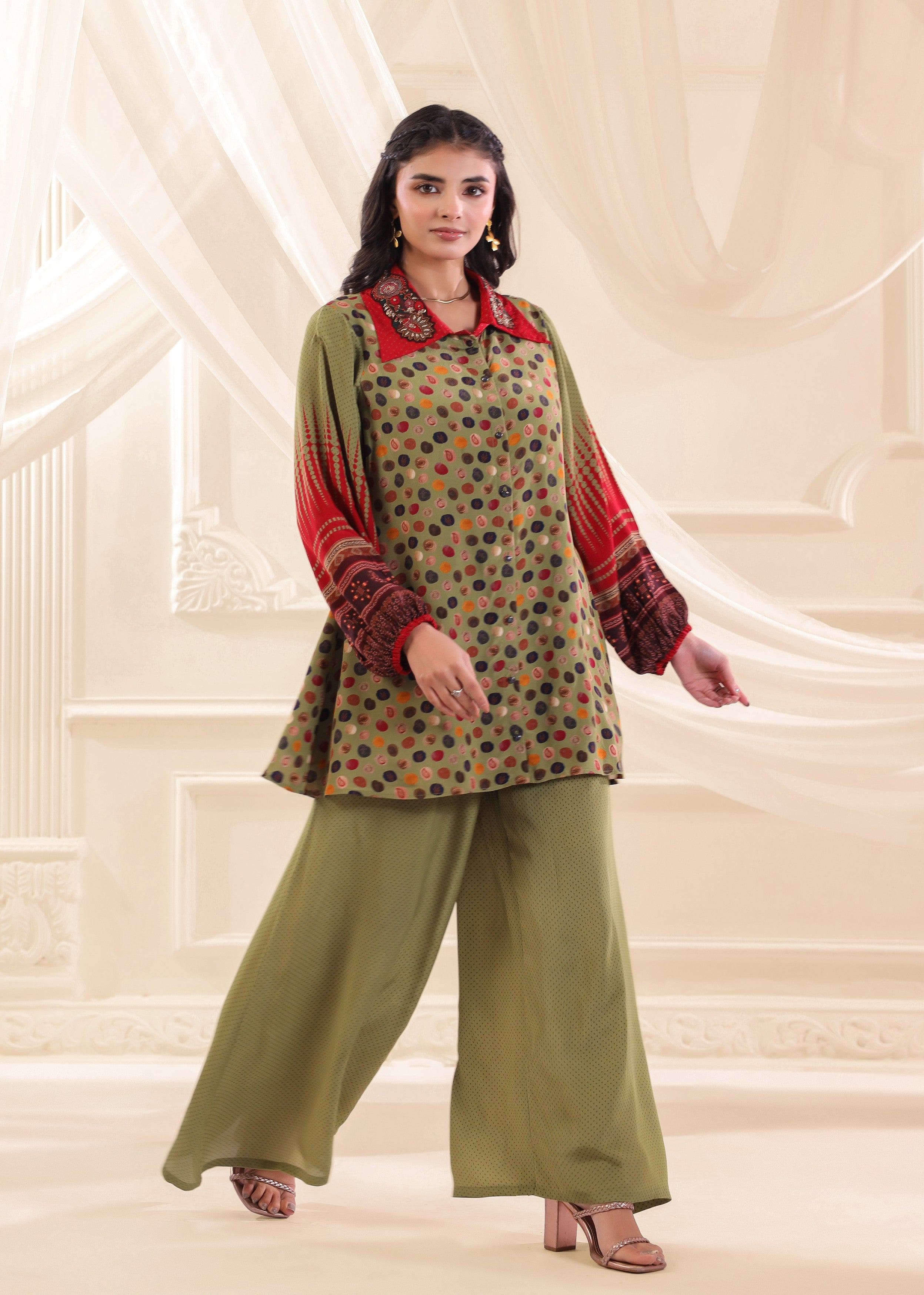 Olive Green Printed Crepe Silk Co-Ord Set