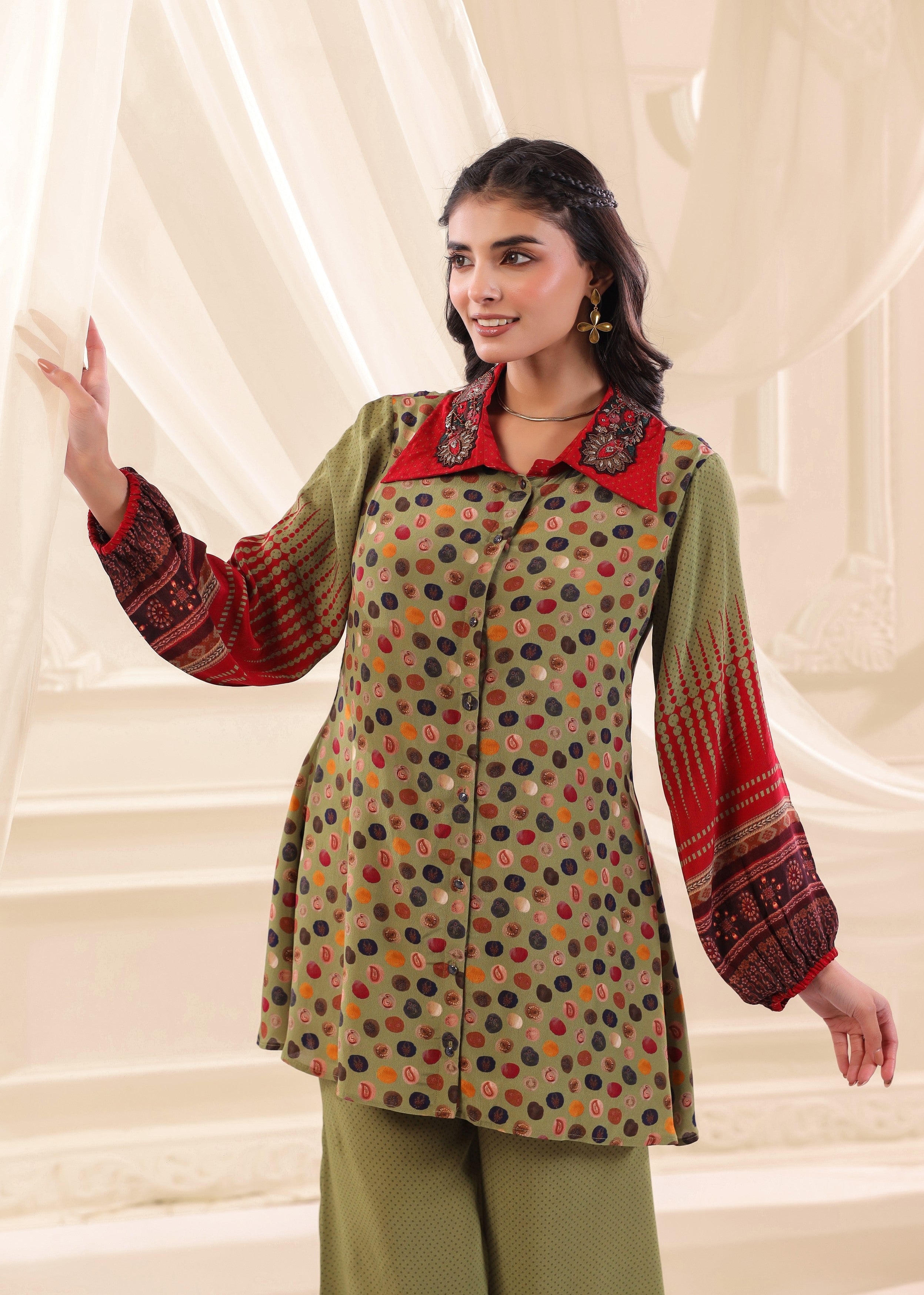Olive Green Printed Crepe Silk Co-Ord Set