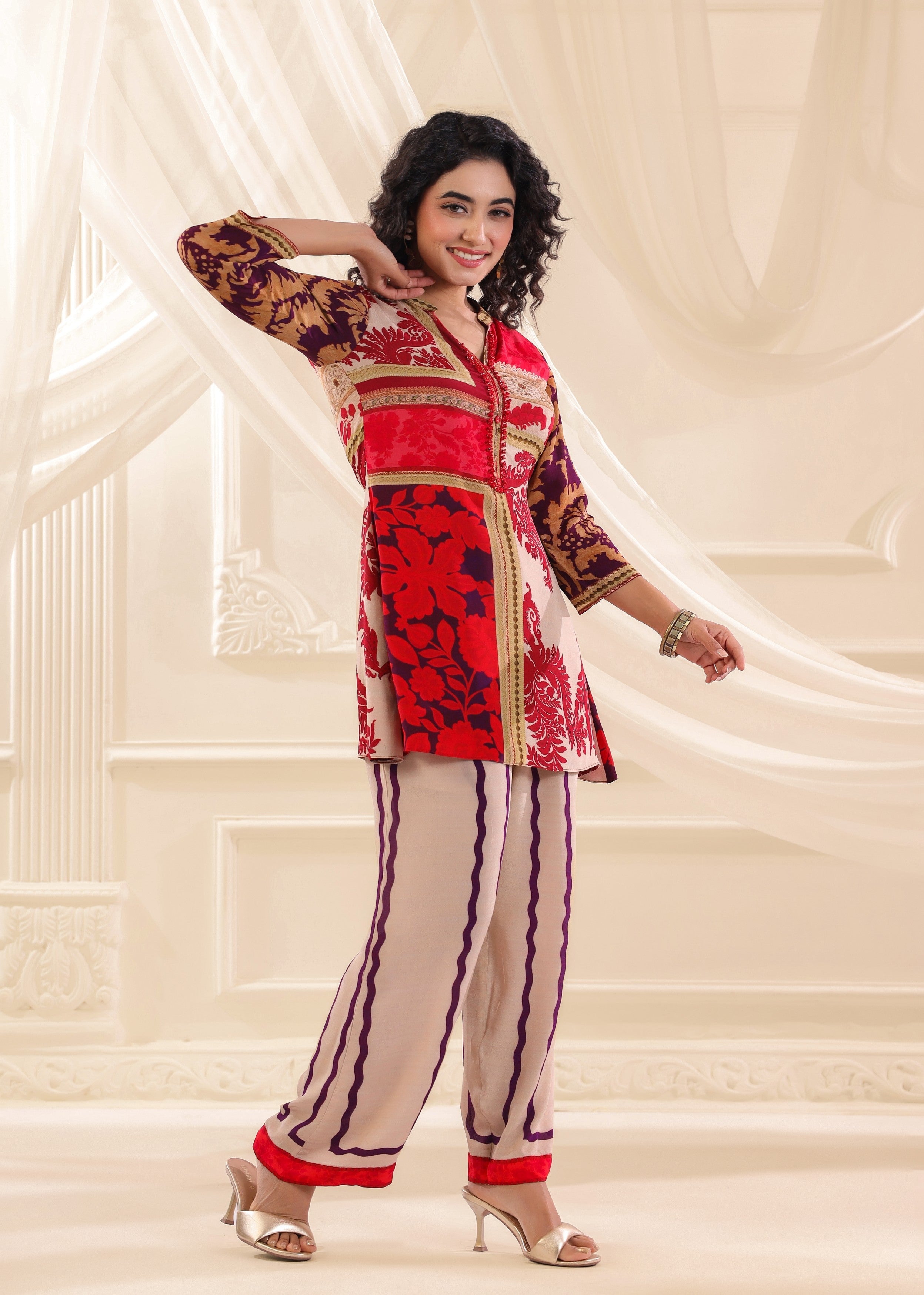 Crimson Cream Printed Crepe Silk Co-Ord Set