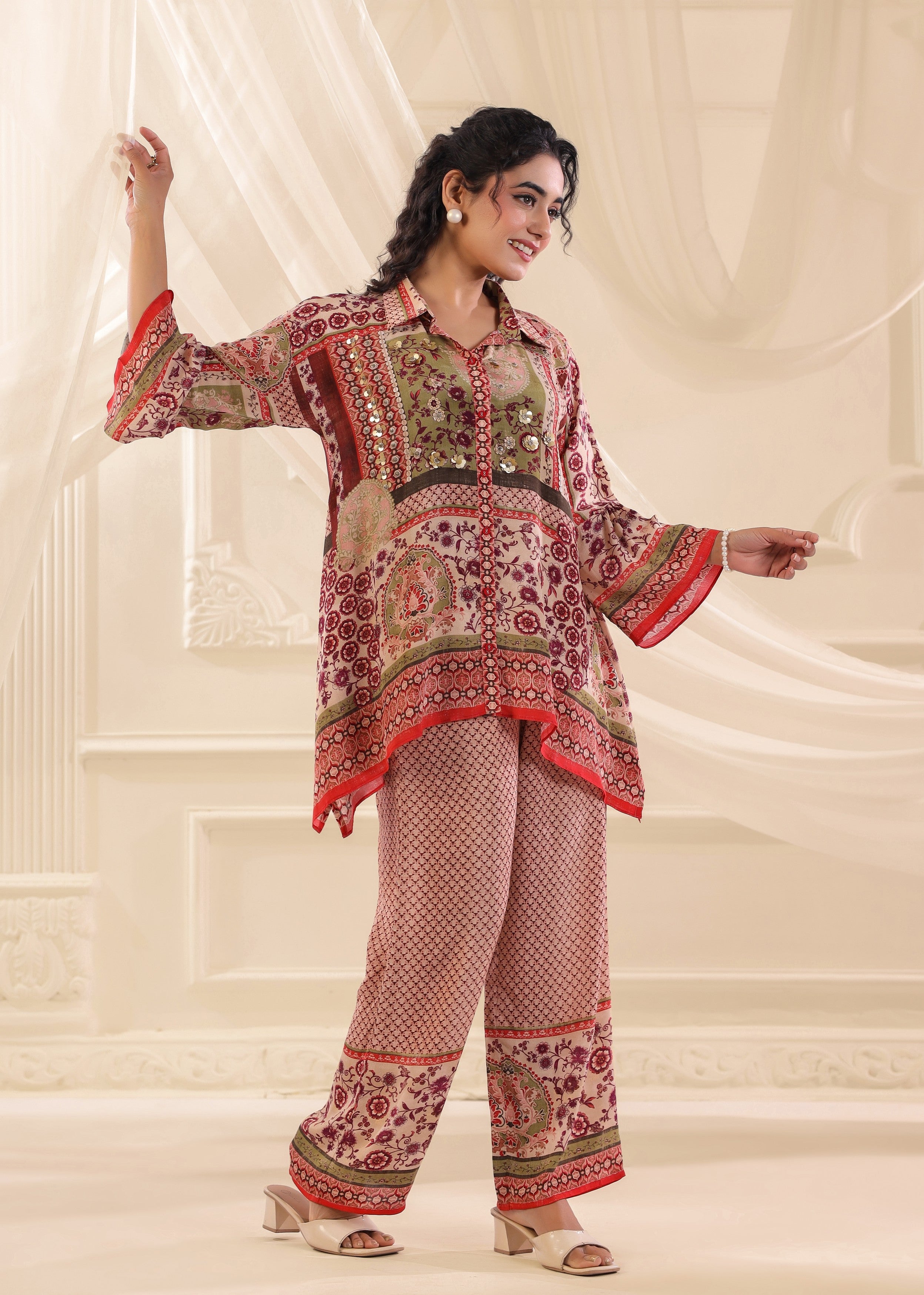 Multicolor Embellished Crepe Silk Co-Ord Set