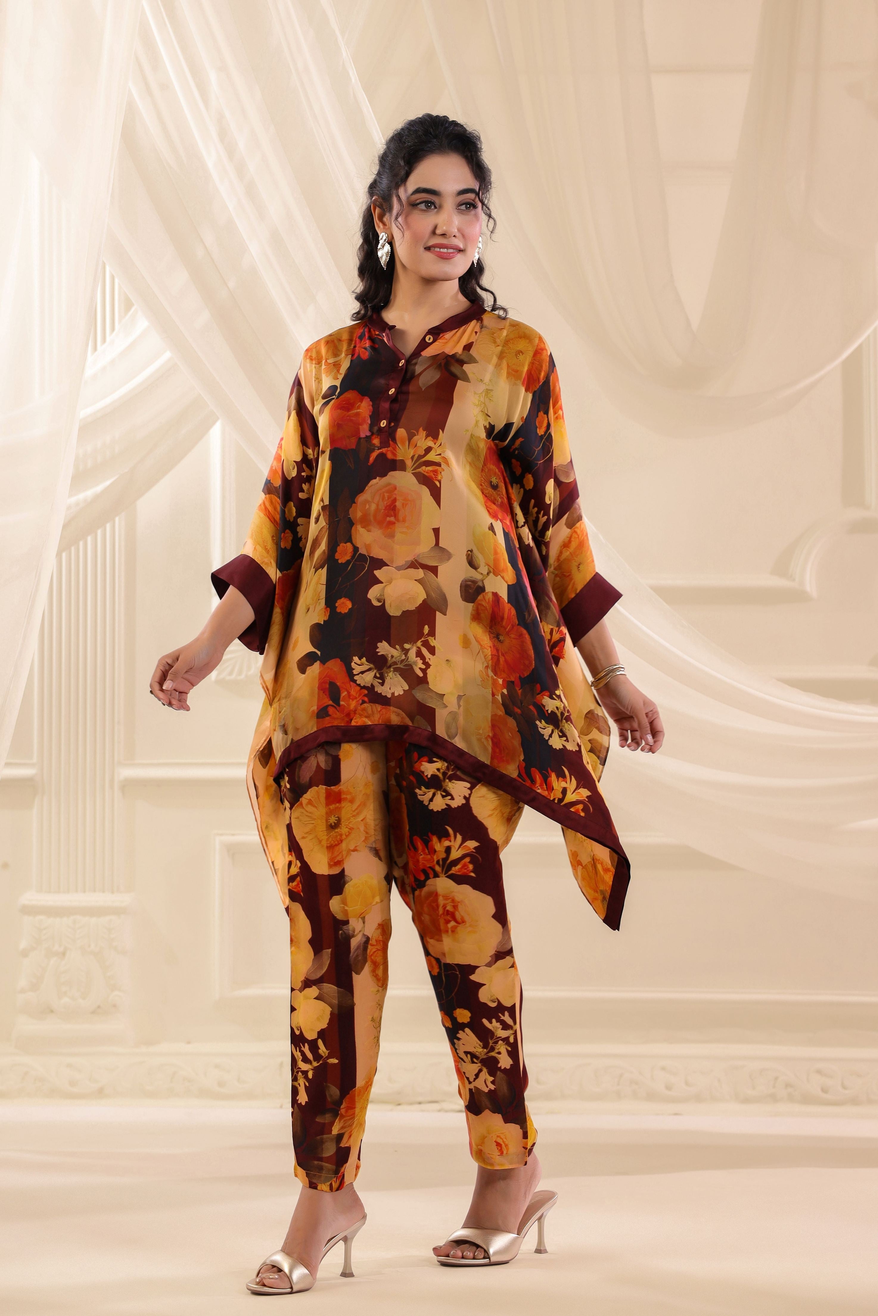 Vintage Ruby Mustard Printed Satin Silk Co-Ord Set