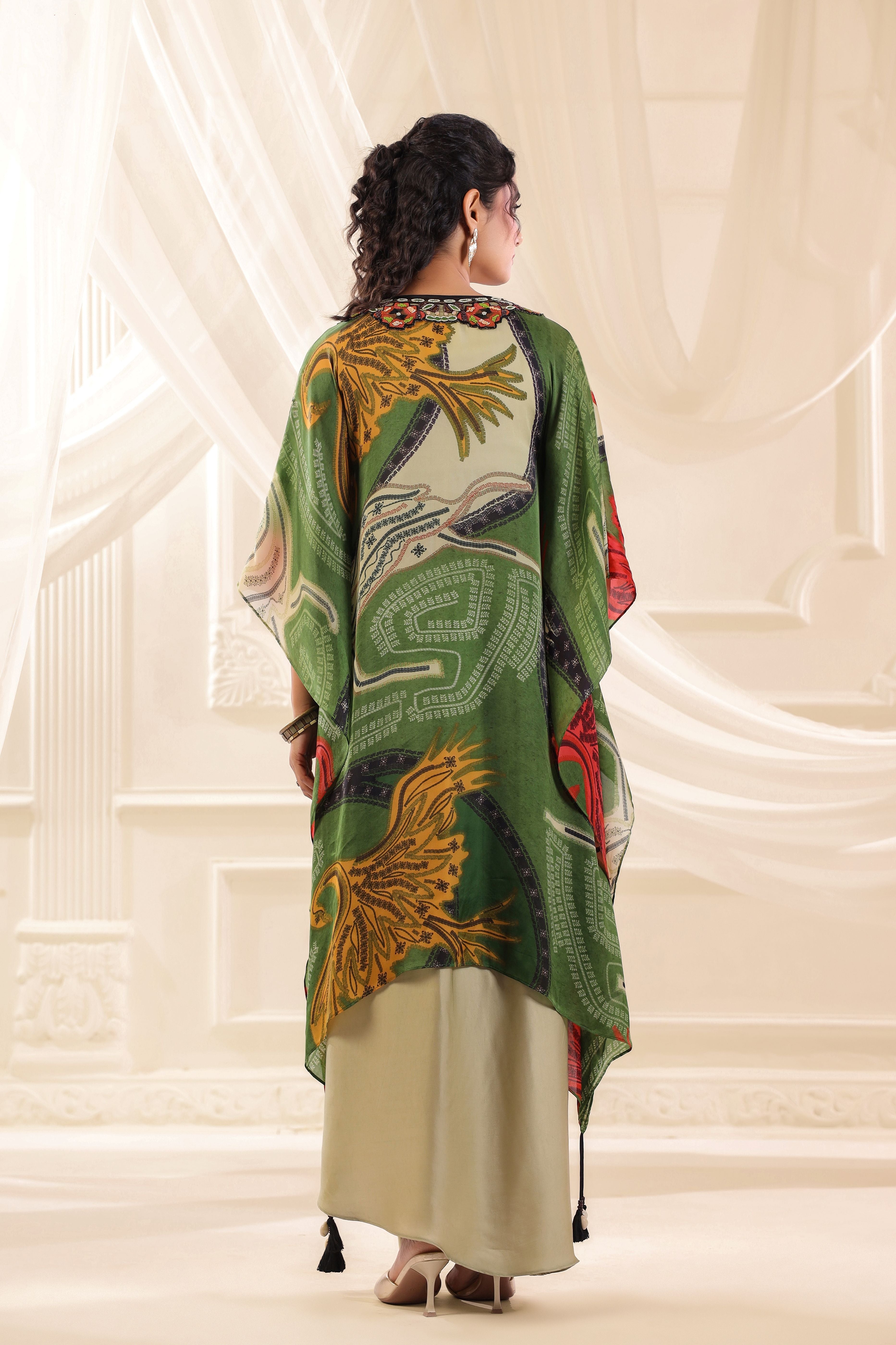 Moss Green Printed Satin Silk Cape Set