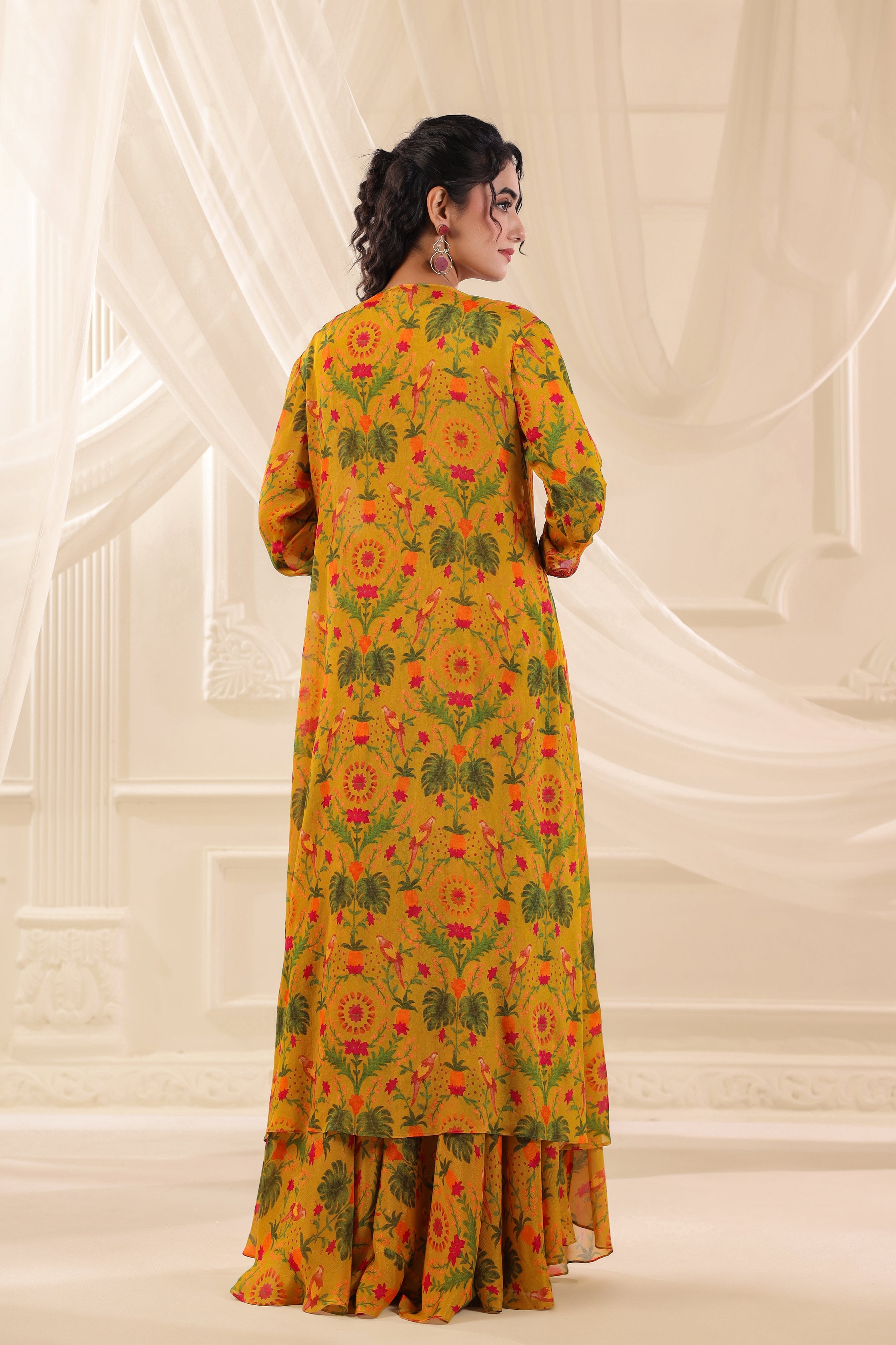 Saffron Meadow Embellished Chinon Silk Cape Set
