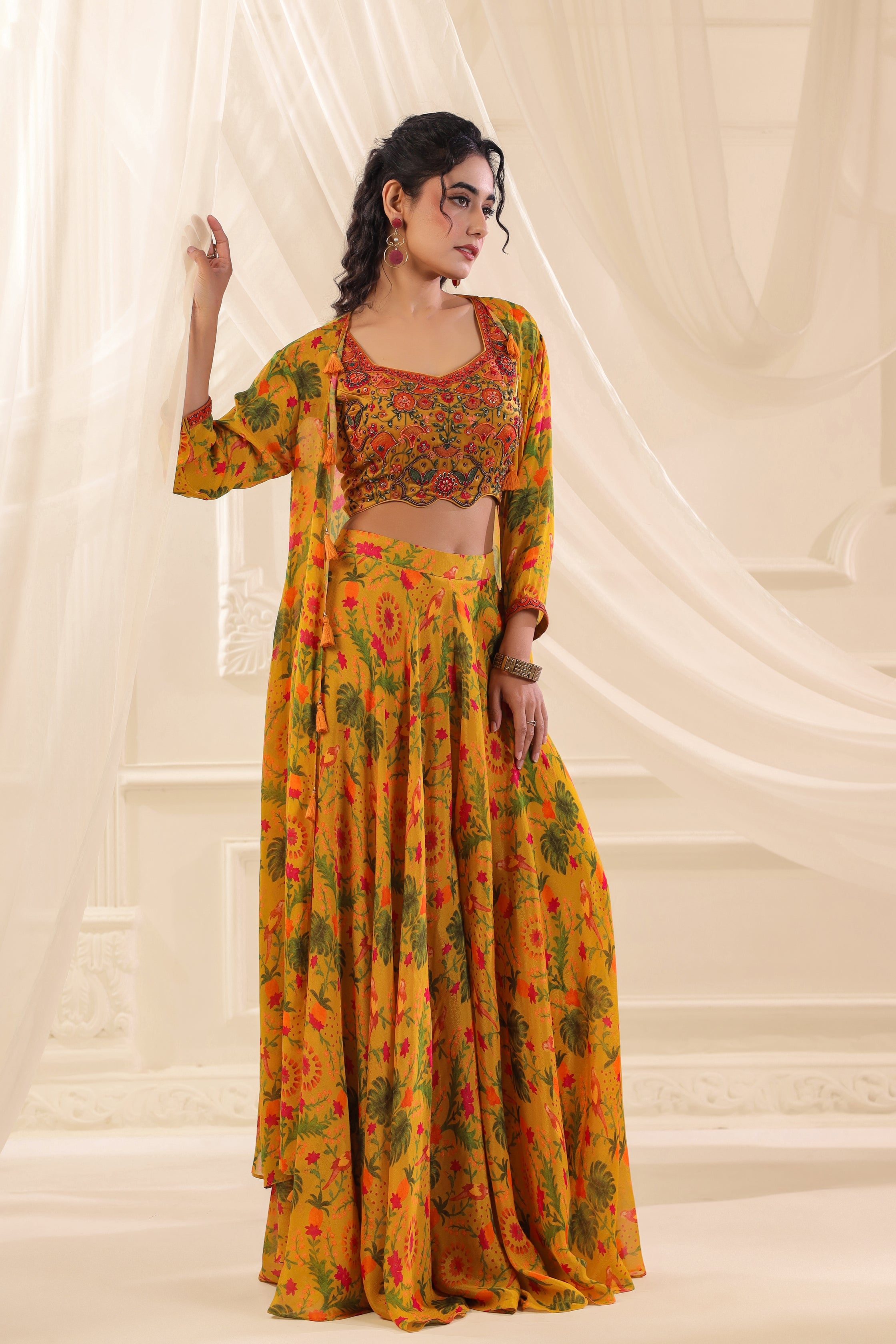 Saffron Meadow Embellished Chinon Silk Cape Set