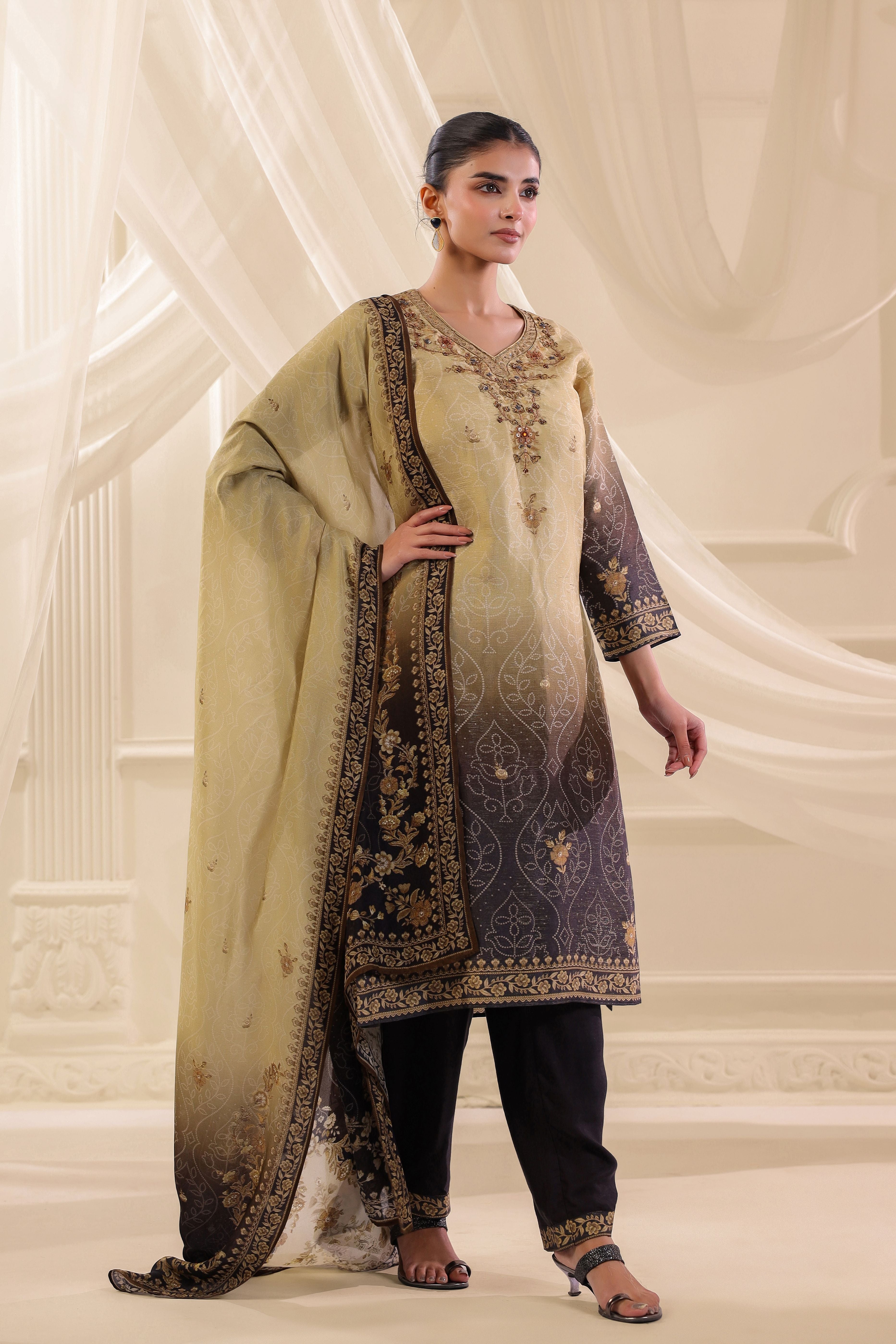 Olive Gold Ombre Printed Dola Silk Pant Set