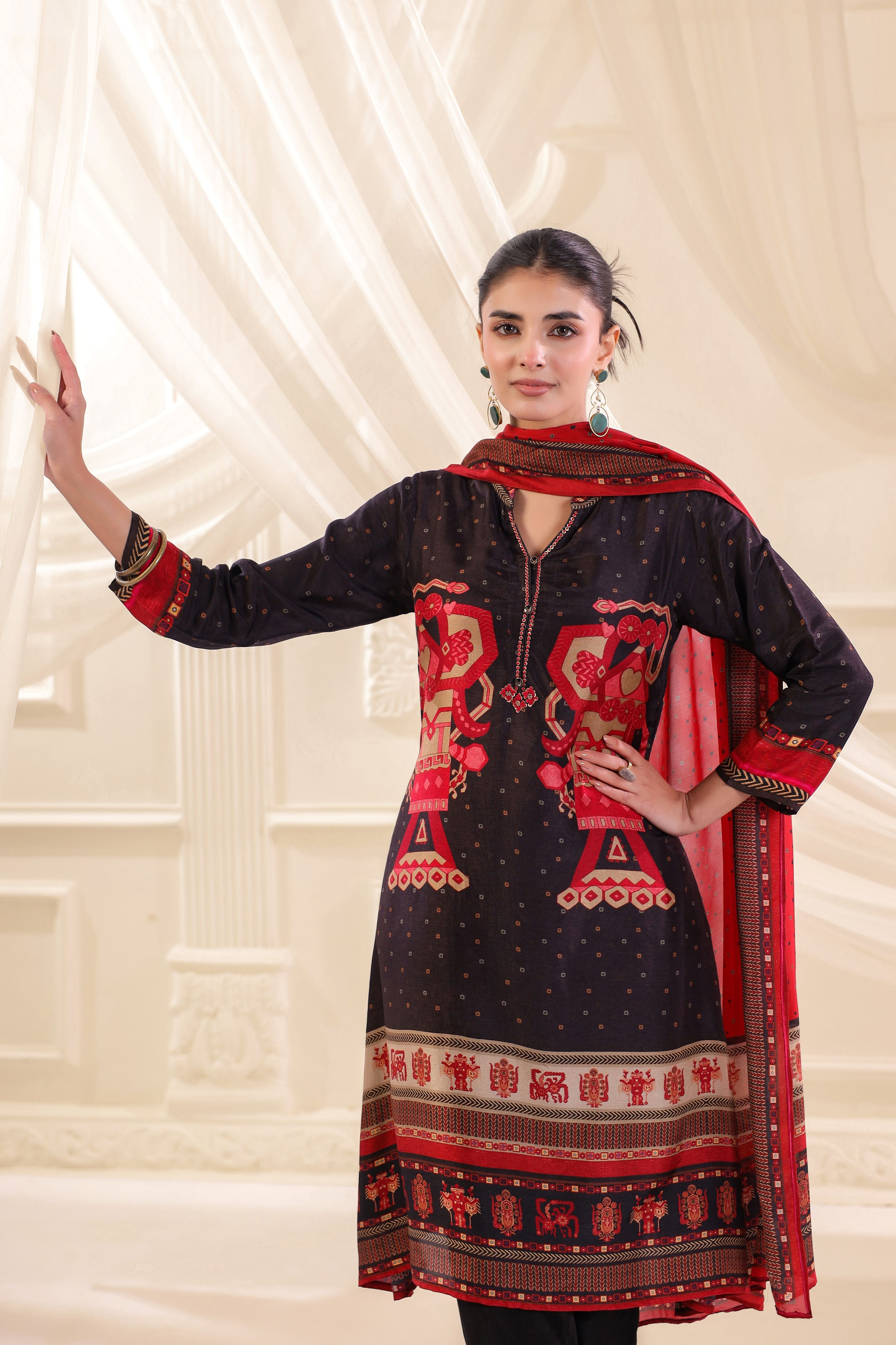Dark Charcoal Printed Premium Silk Pant Set