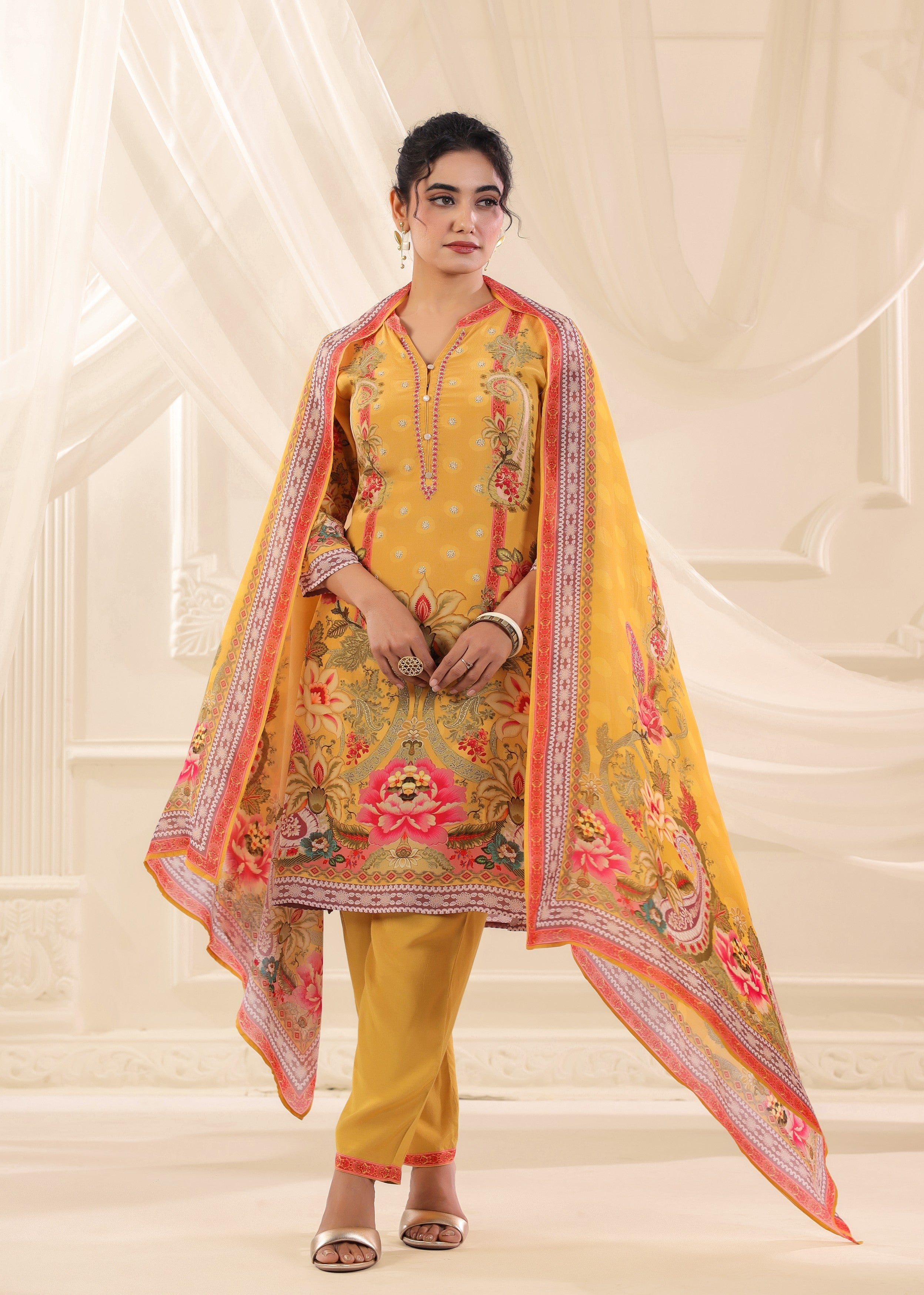 Golden Yellow Printed Crepe Silk Pant Set