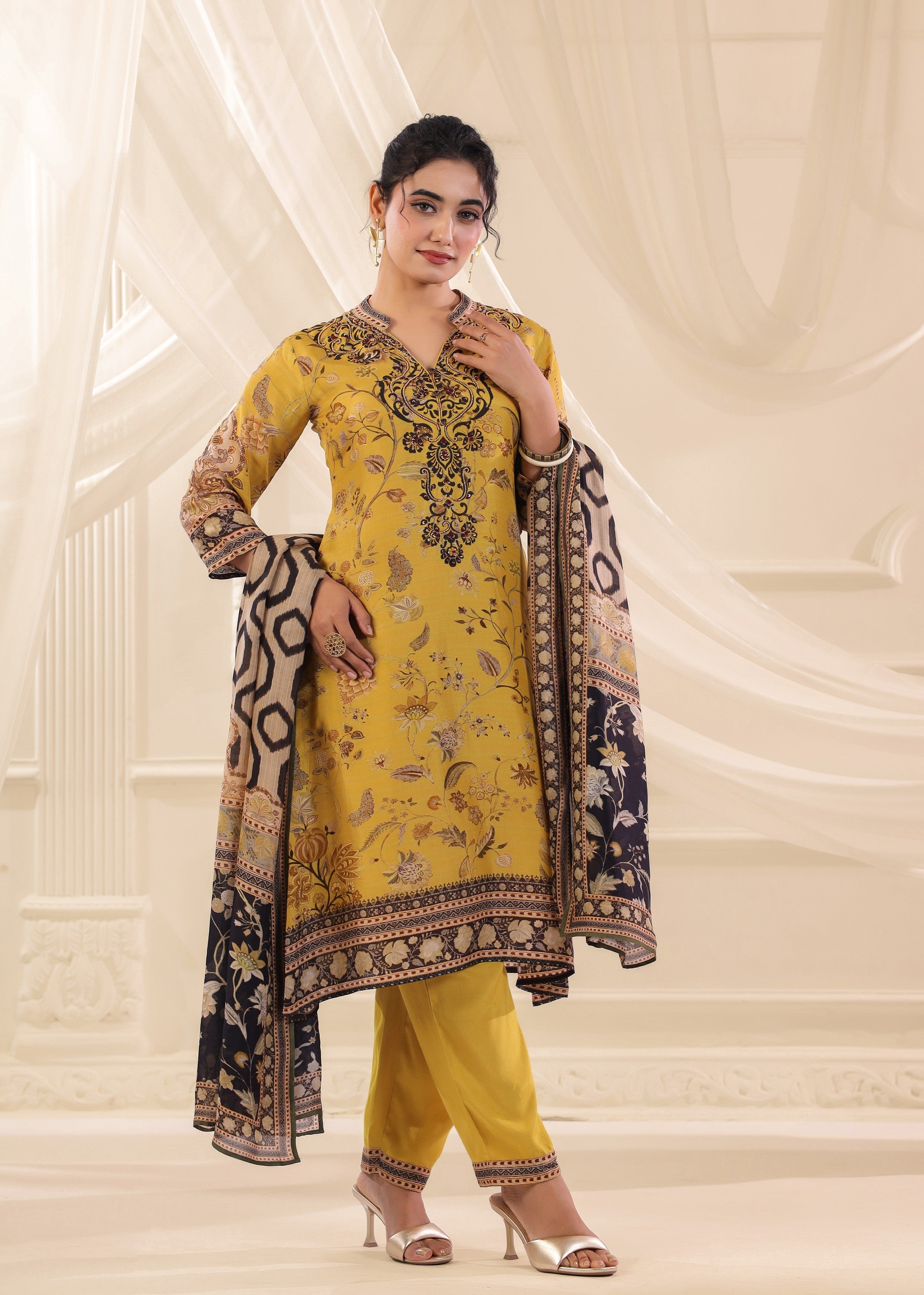 Mustard Yellow Printed Dola Silk Pant Set