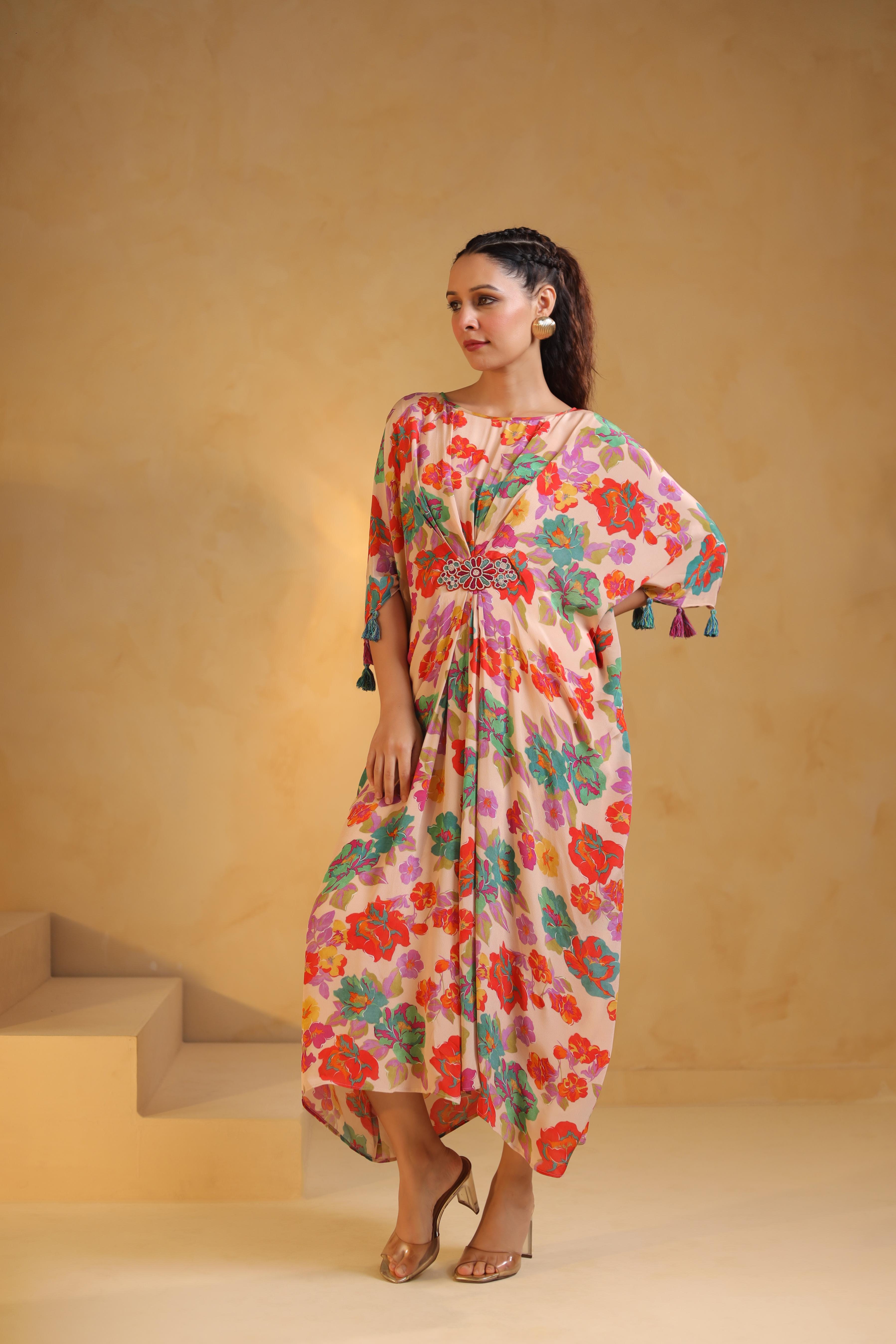 Pale Peach Printed Viscose Crepe Dress