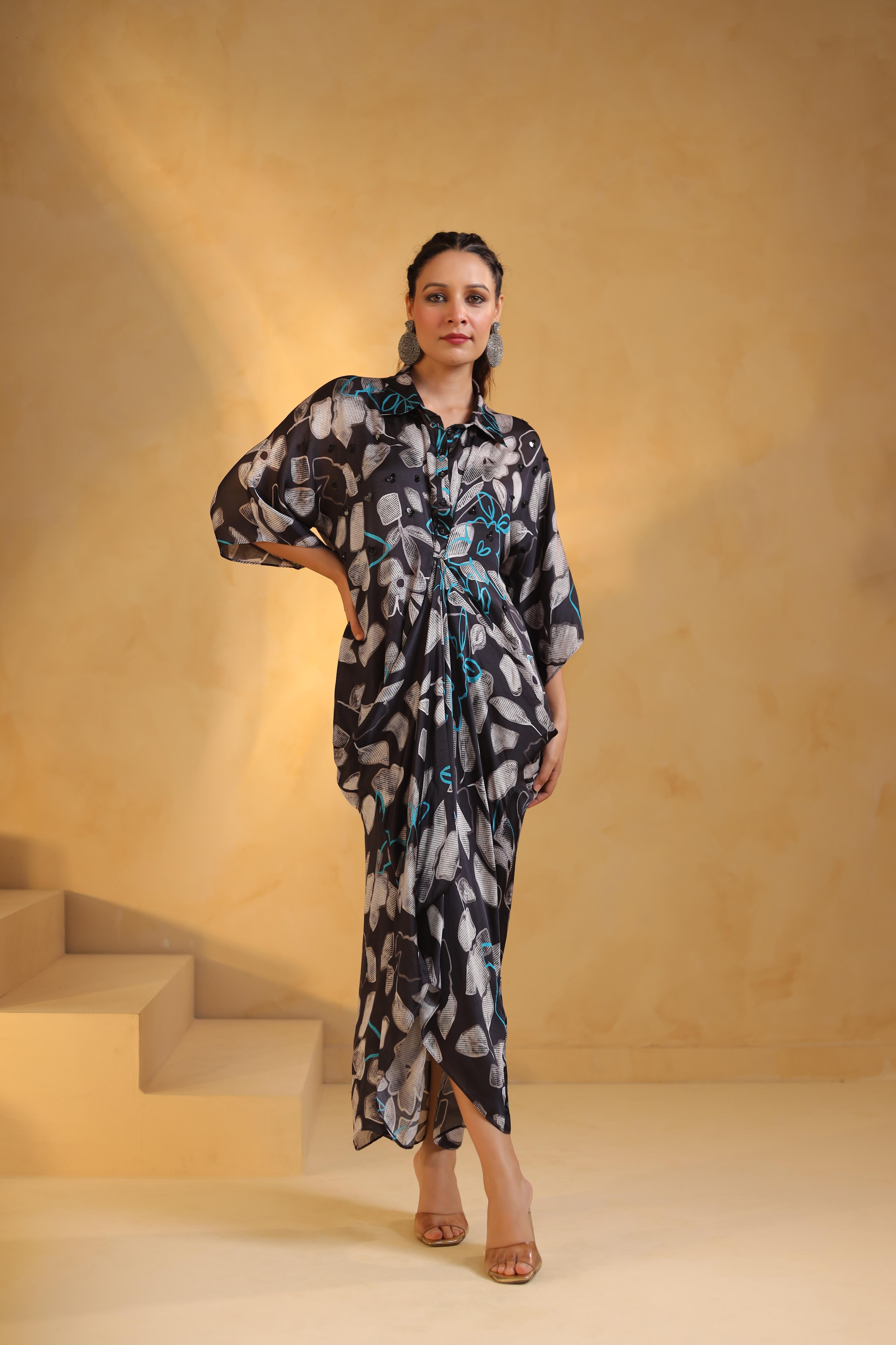 Dark Grey Printed Satin Dress