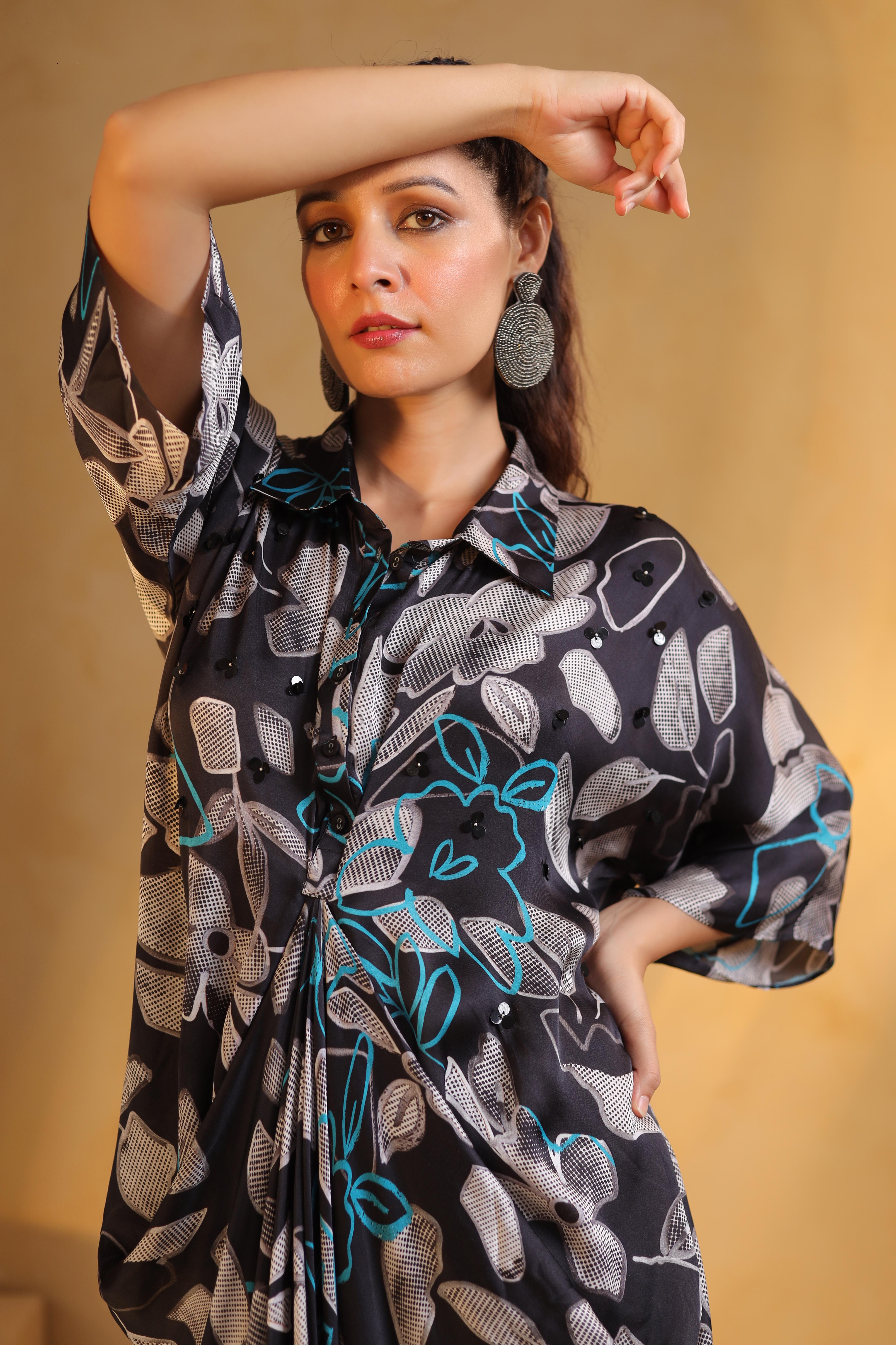 Dark Grey Printed Satin Dress