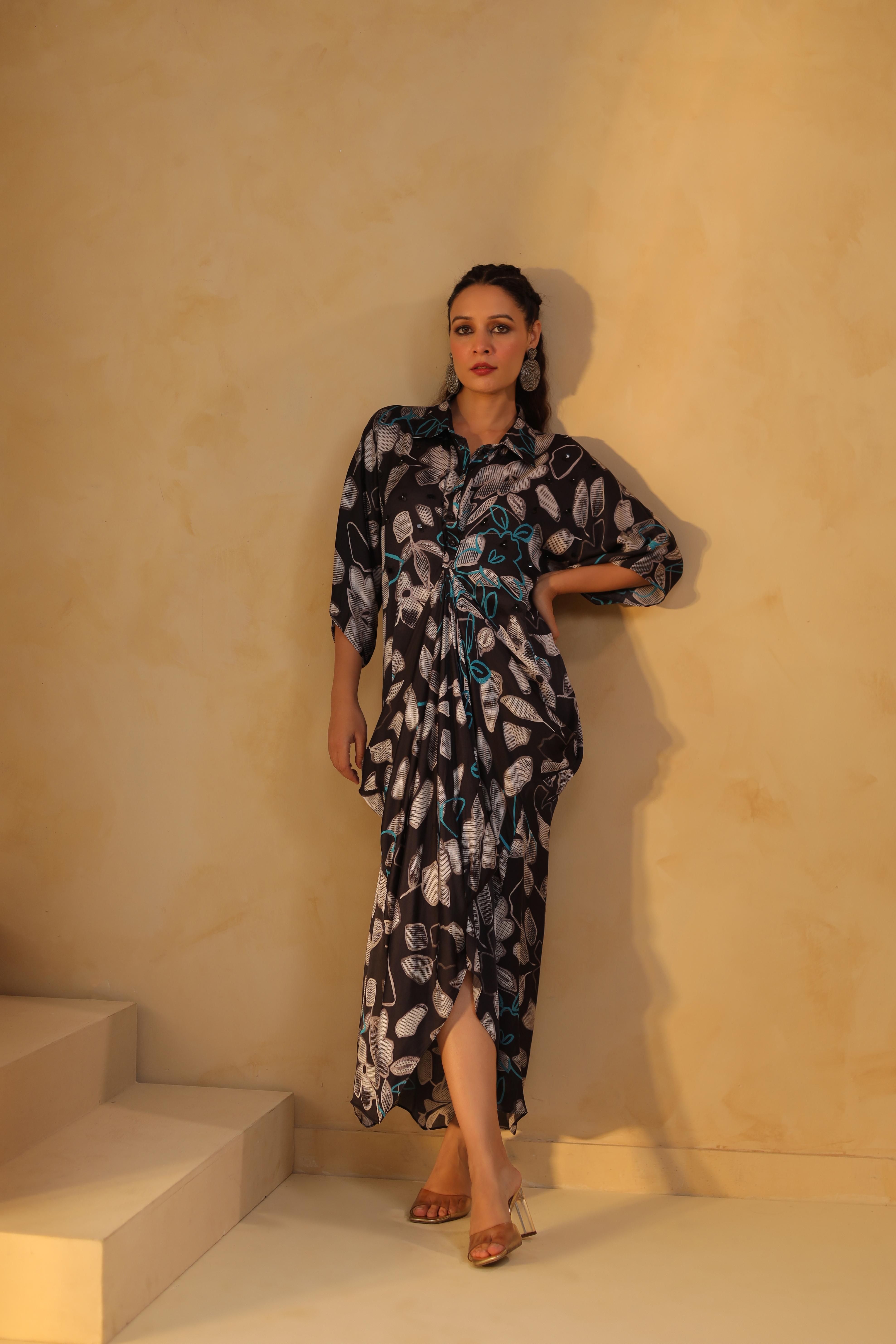 Dark Grey Printed Satin Dress