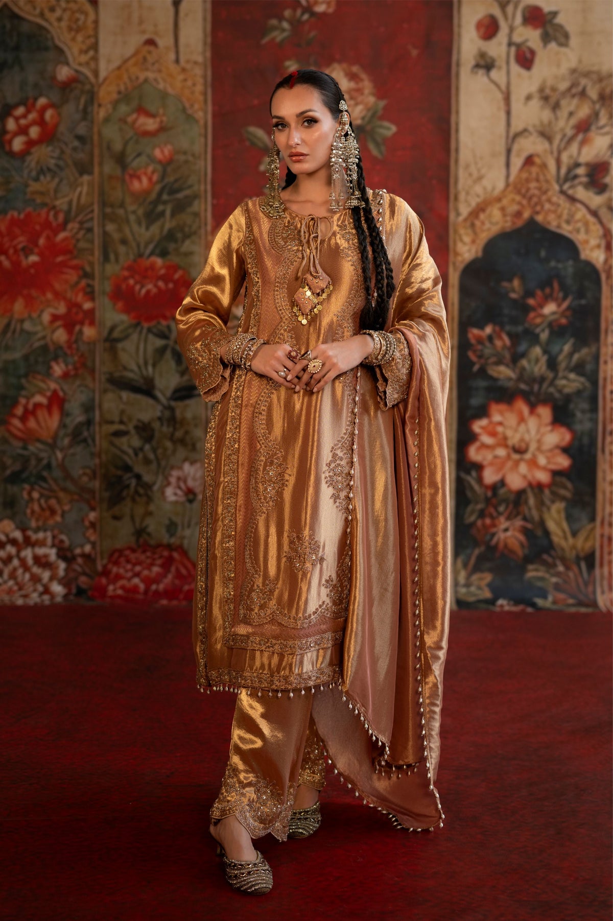 Golden Bronze Embellished Tissue Banarasi Silk Pant Set