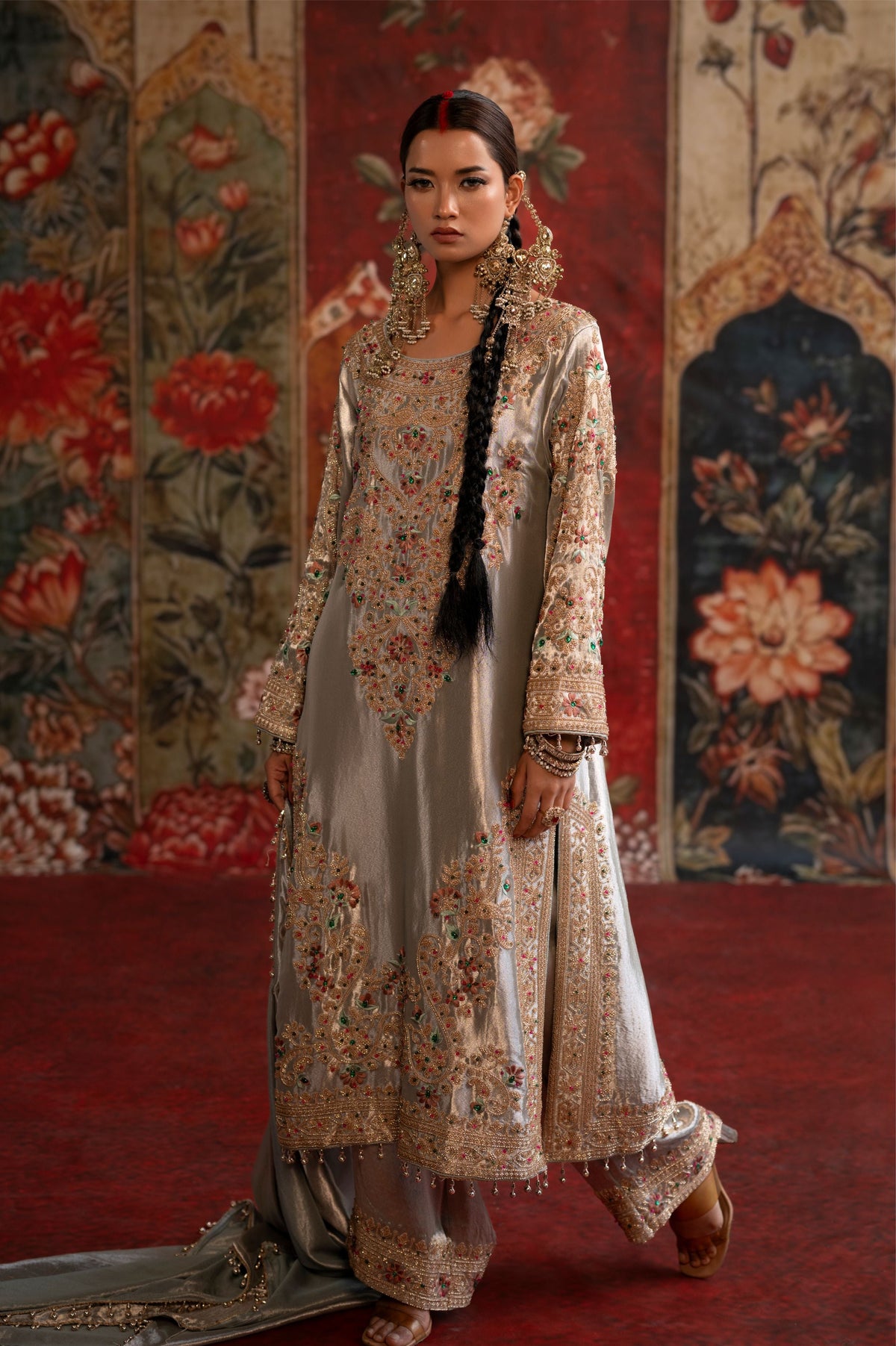 Silver Ivory Embellished Tissue Banarasi Silk Pant Set