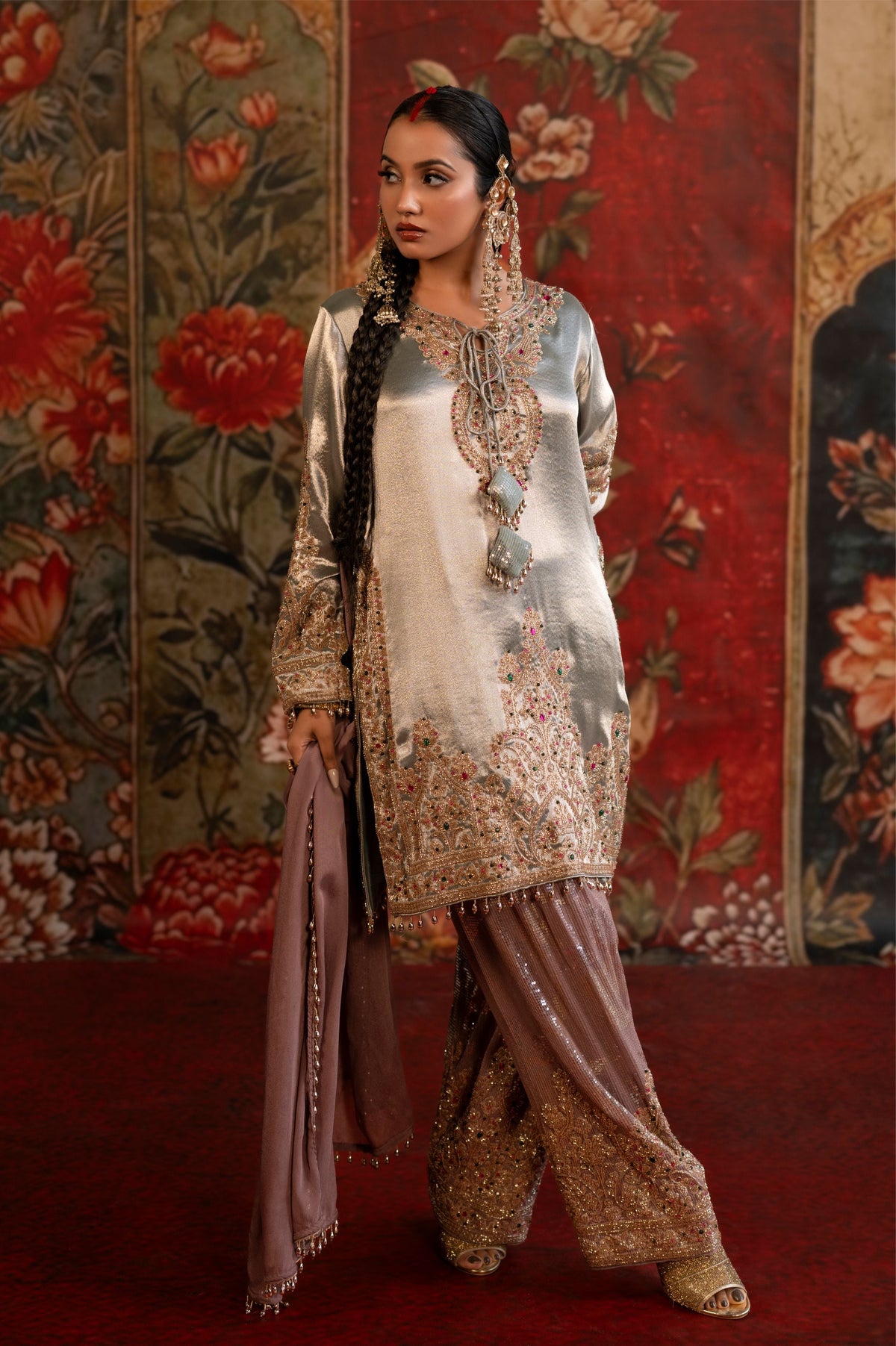 Ivory Silver Embellished Tissue Silk Pant Set