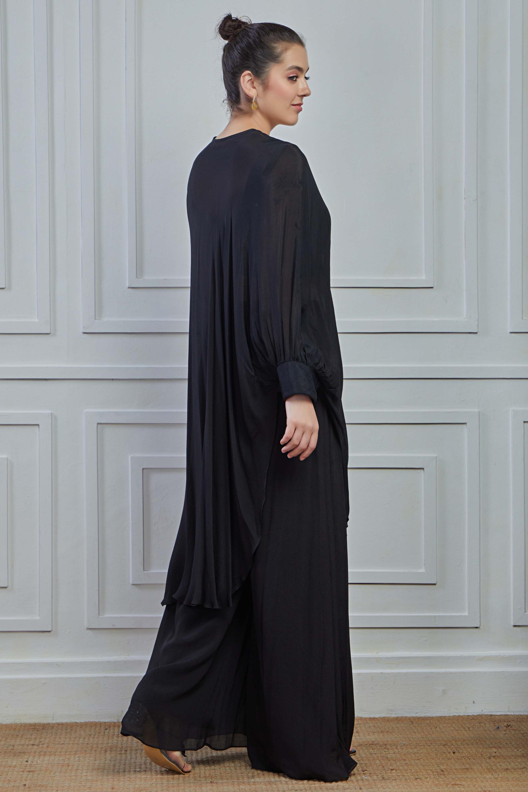 Black Solid Crepe Silk Kaftan Palazzo Set