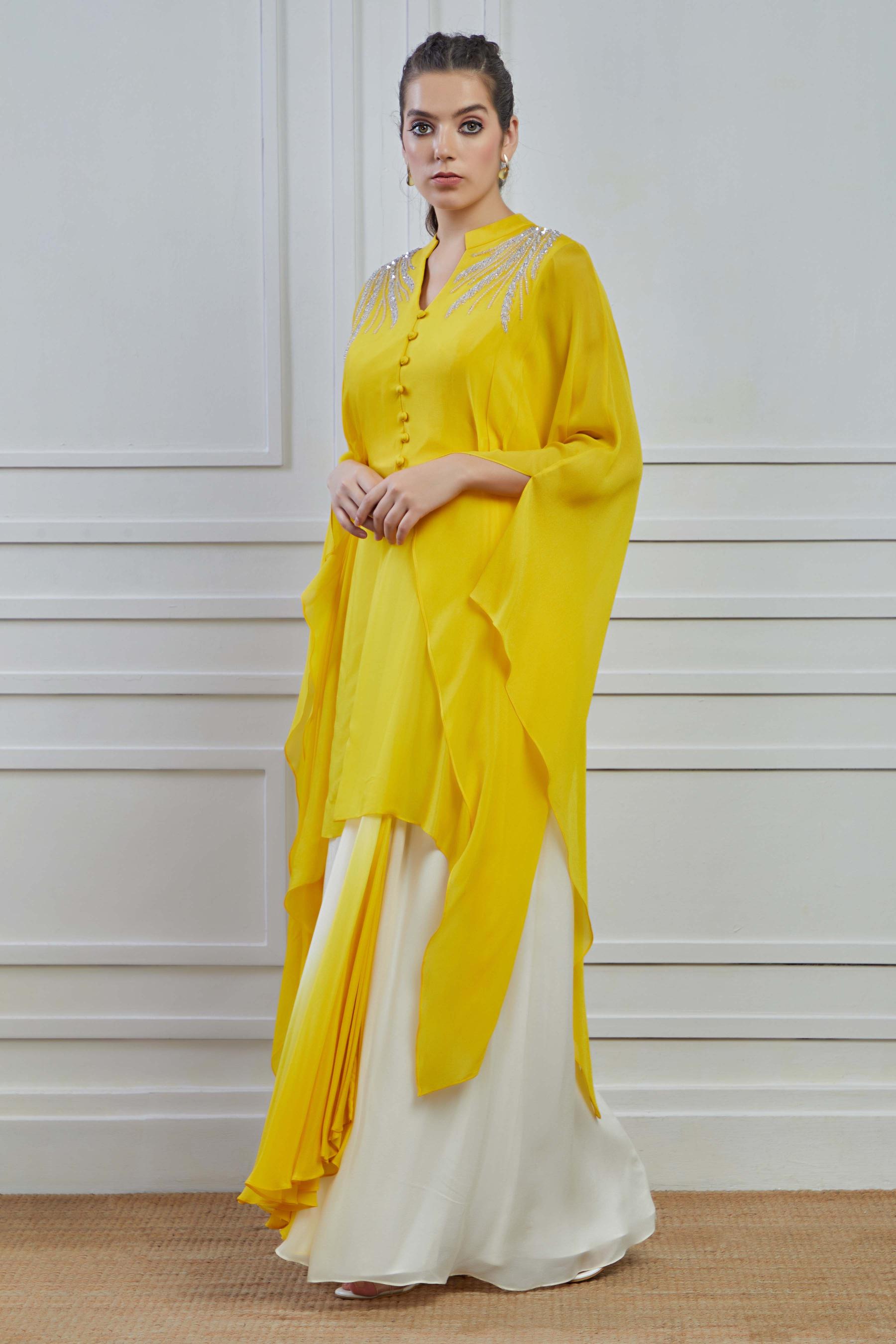Yellow Embellished Crepe Silk Kurta Skirt Set