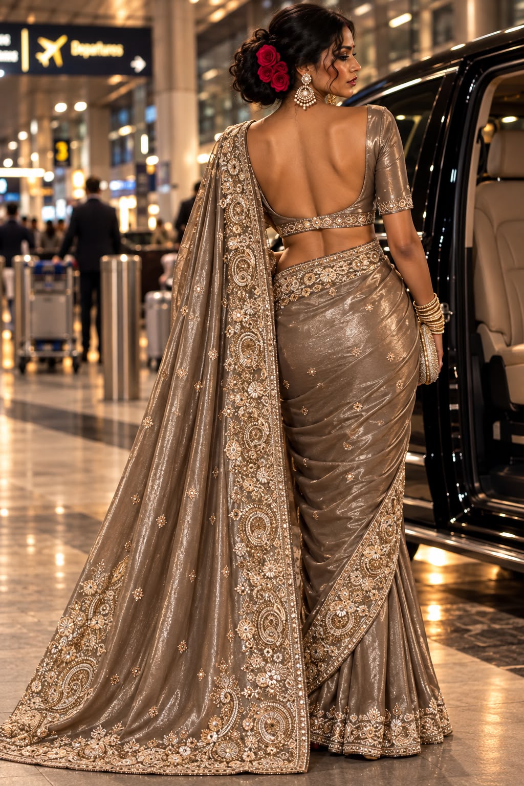 Antique Silver Embellished Tissue Silk Saree