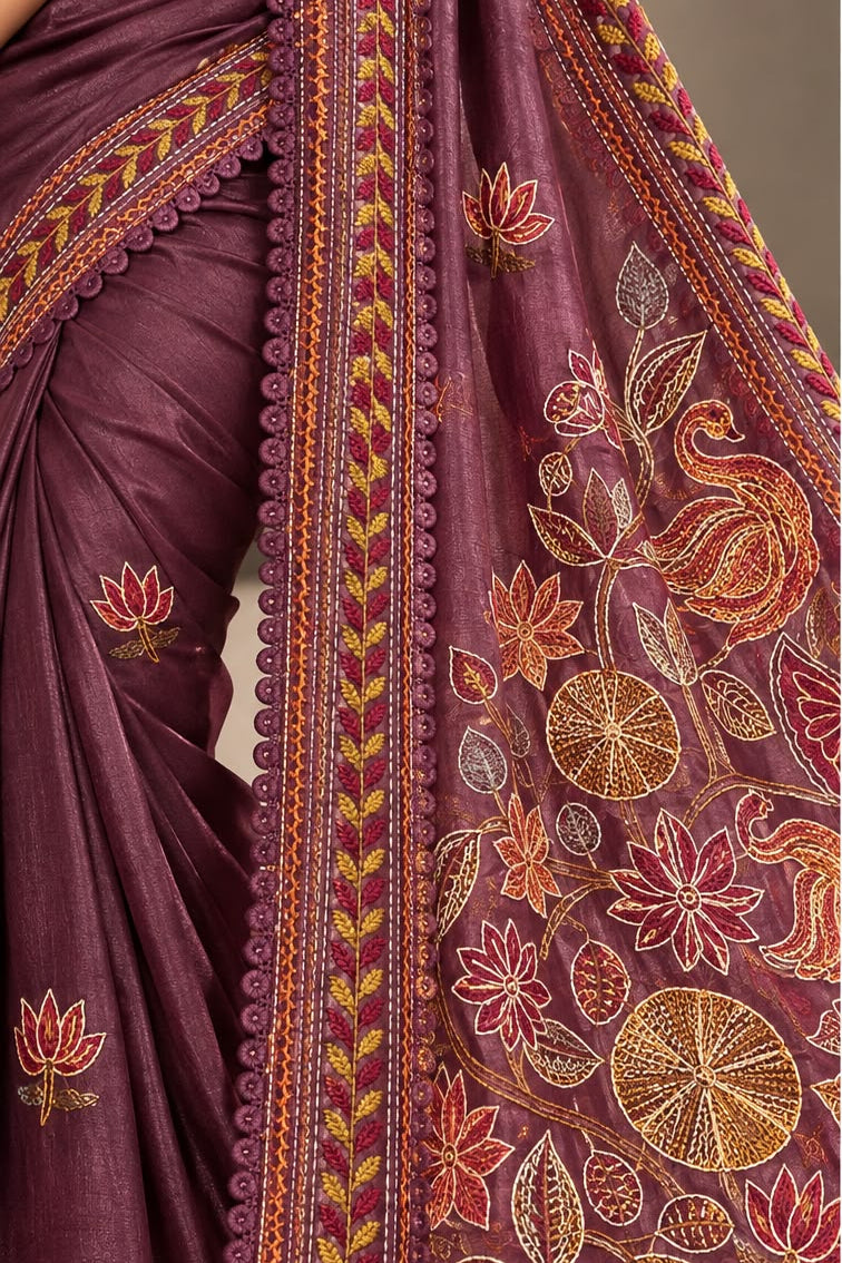 Dusty Plum Hand-Embroidered Tussar Silk Saree