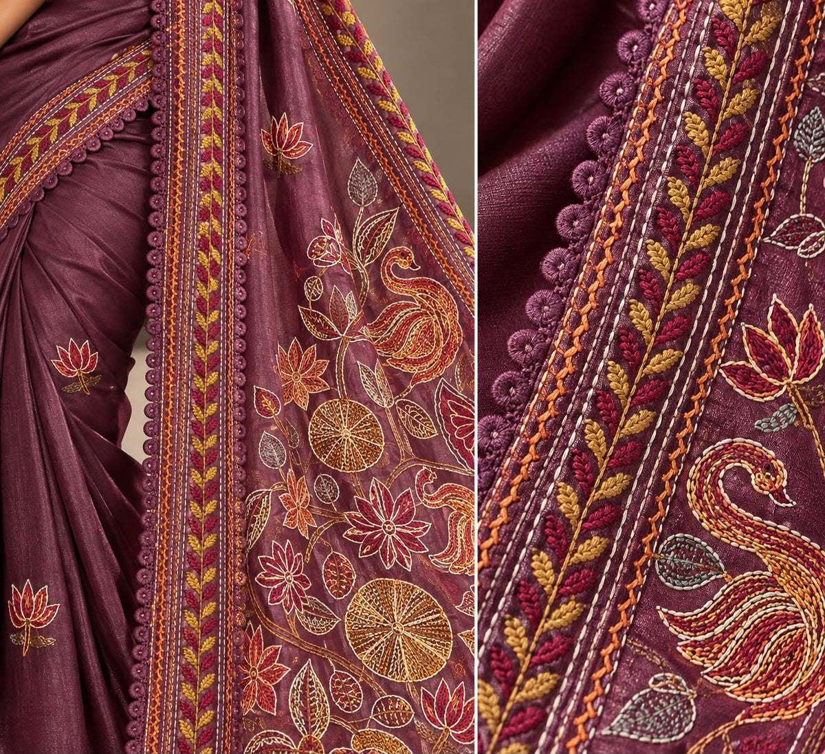 Dusty Plum Hand-Embroidered Tussar Silk Saree