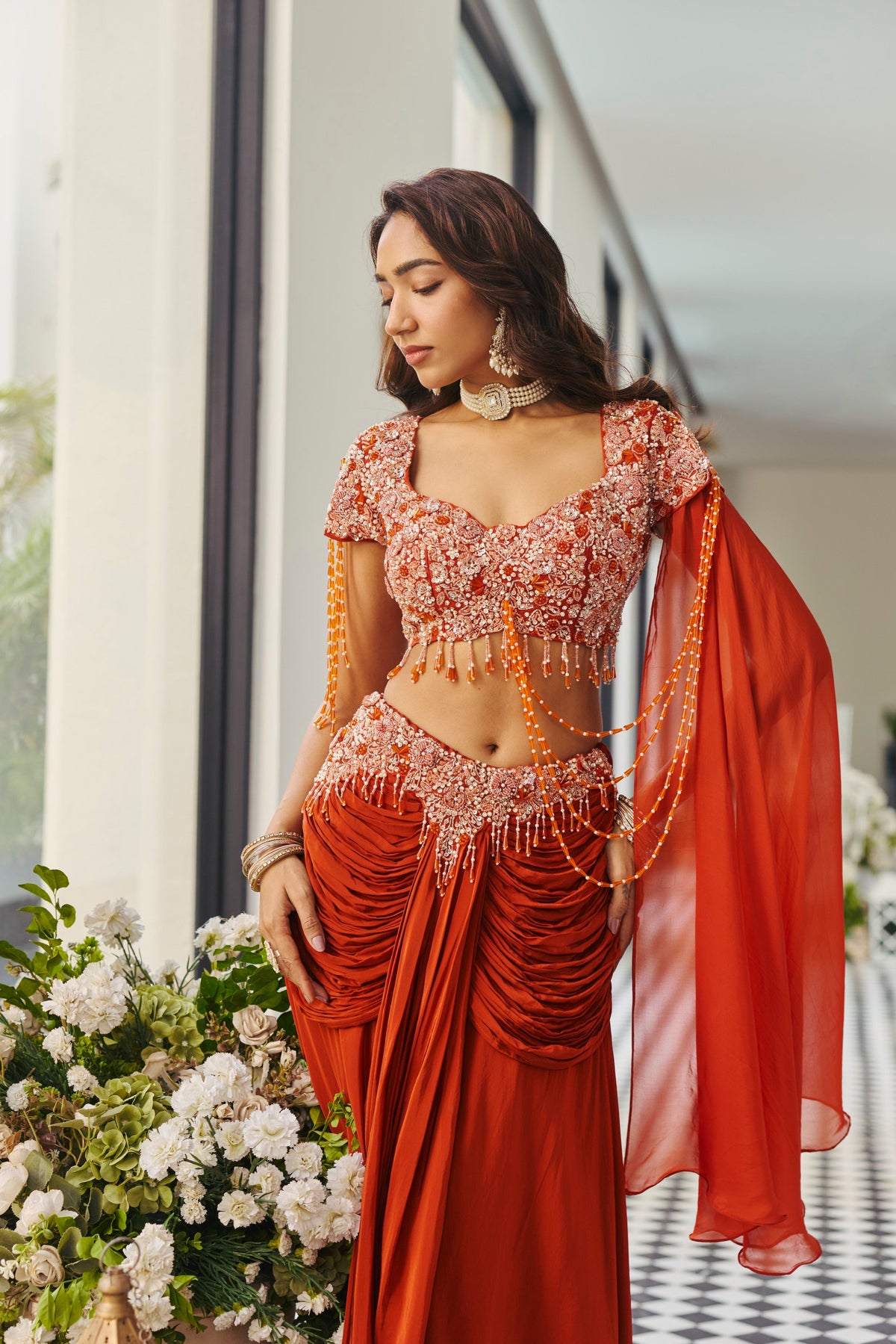 Rust Burnt Orange Embellished Crepe Silk Skirt Set