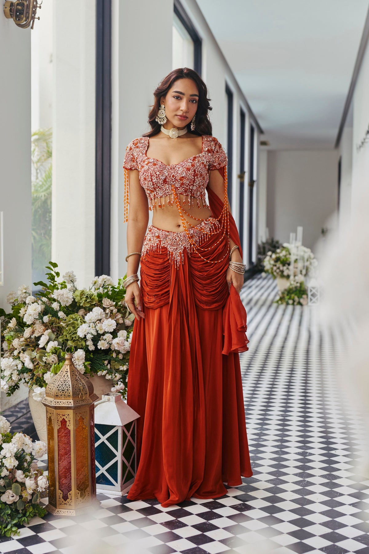 Rust Burnt Orange Embellished Crepe Silk Skirt Set