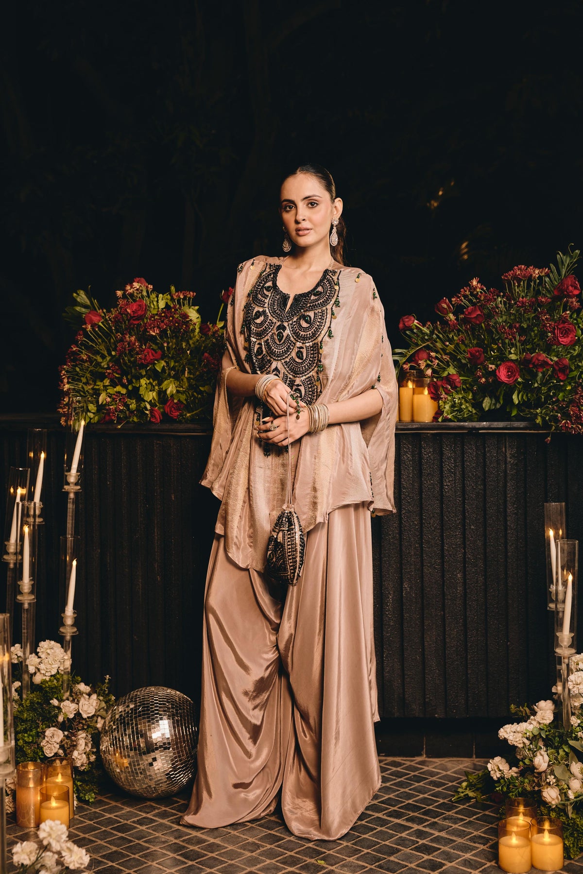 Mocha Taupe Embellished Crepe Silk Kaftan Set