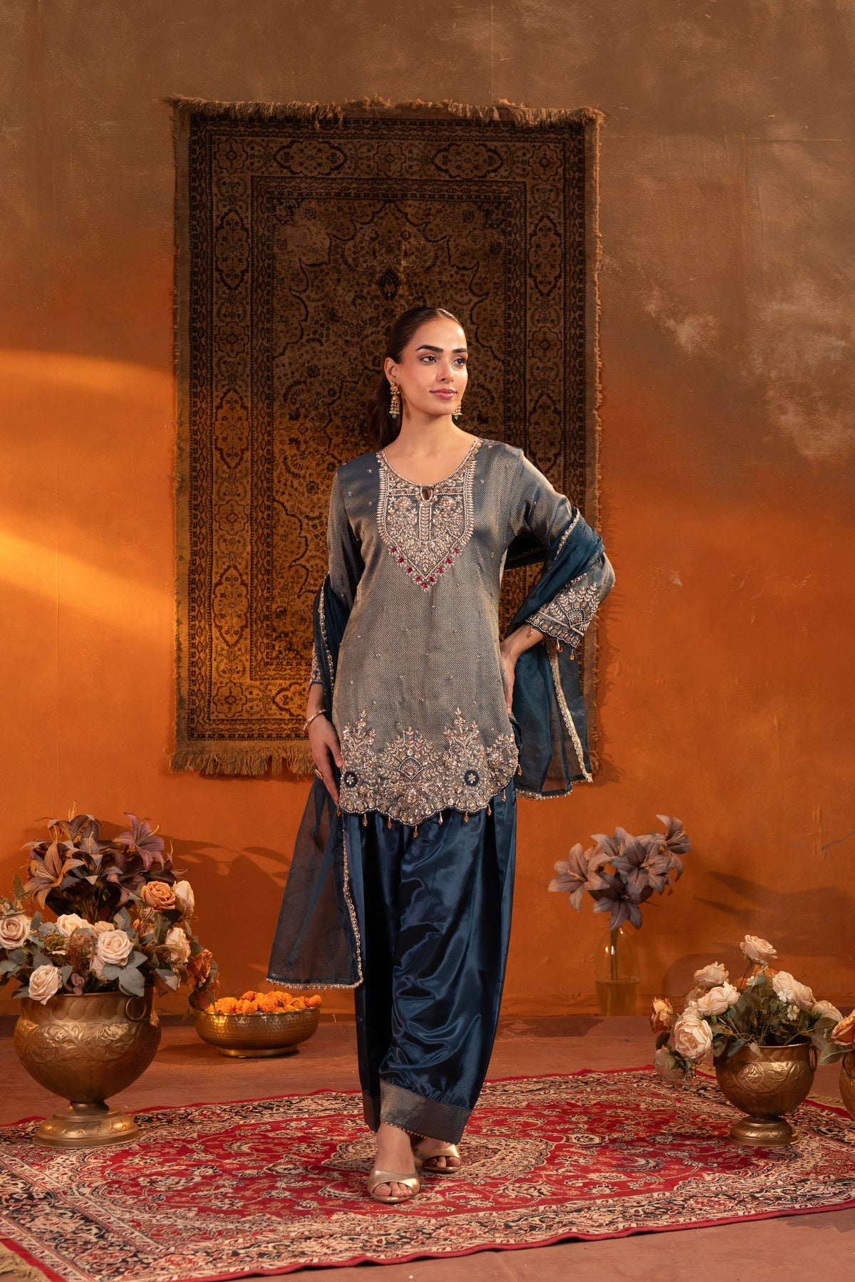 Deep Teal Embellished Brocade Silk Farshi Salwar Set