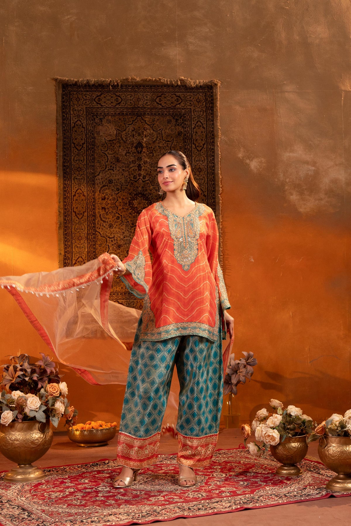 Bright Orange Embellished Shimmer Silk Salwar Set