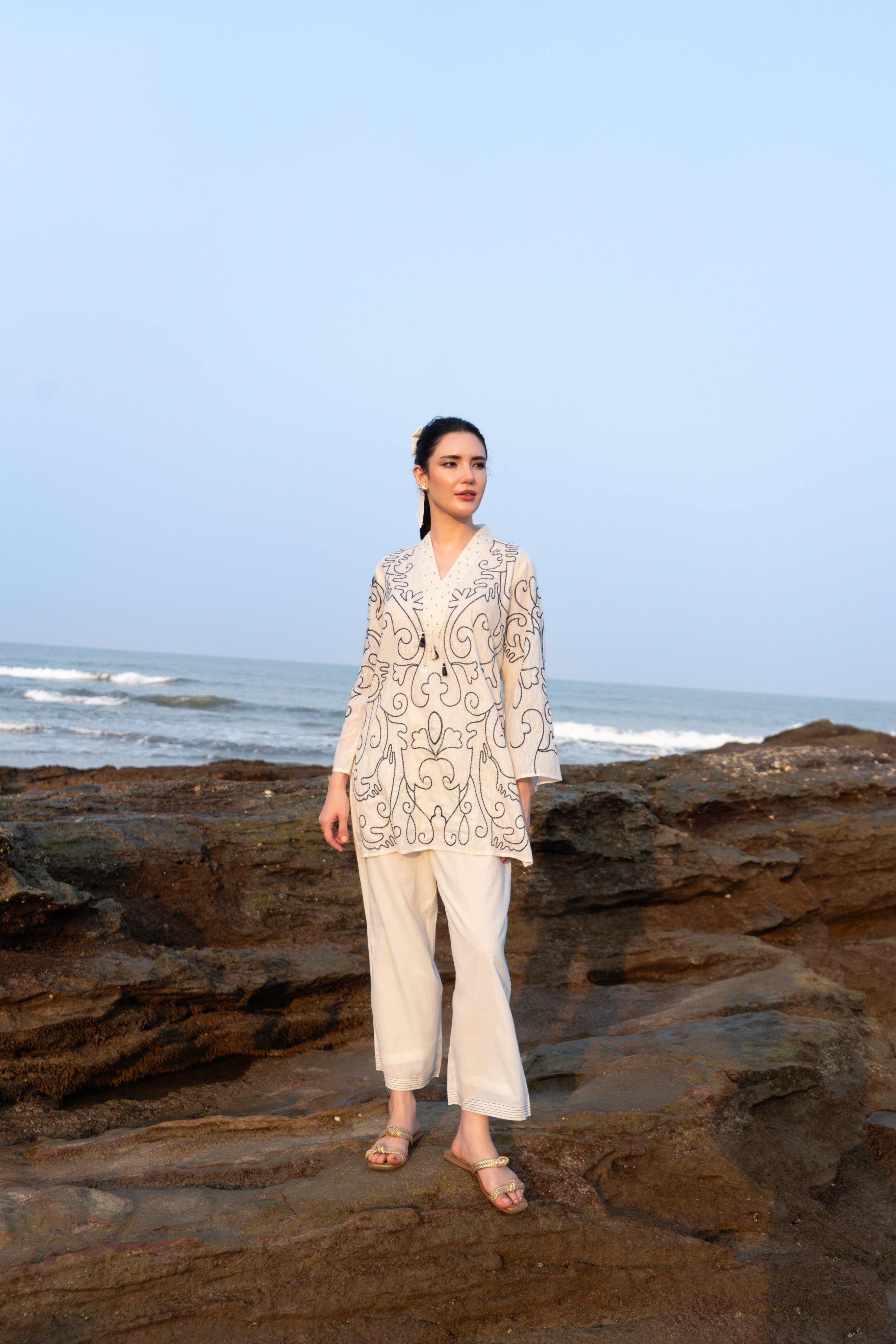 Ivory Noir Embroidered Cotton Co-ord Set