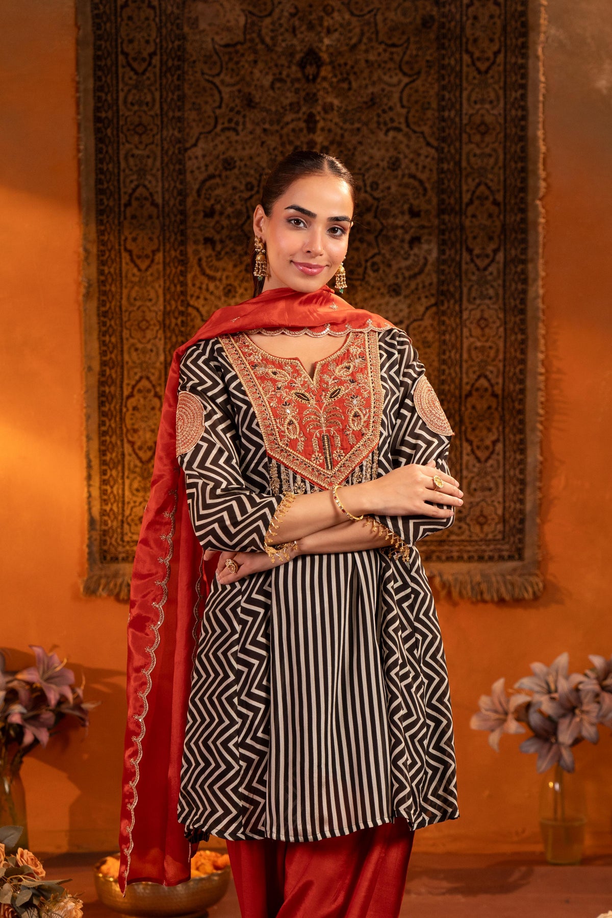 Chocolate Brown Embellished Georgette Silk Pant Set