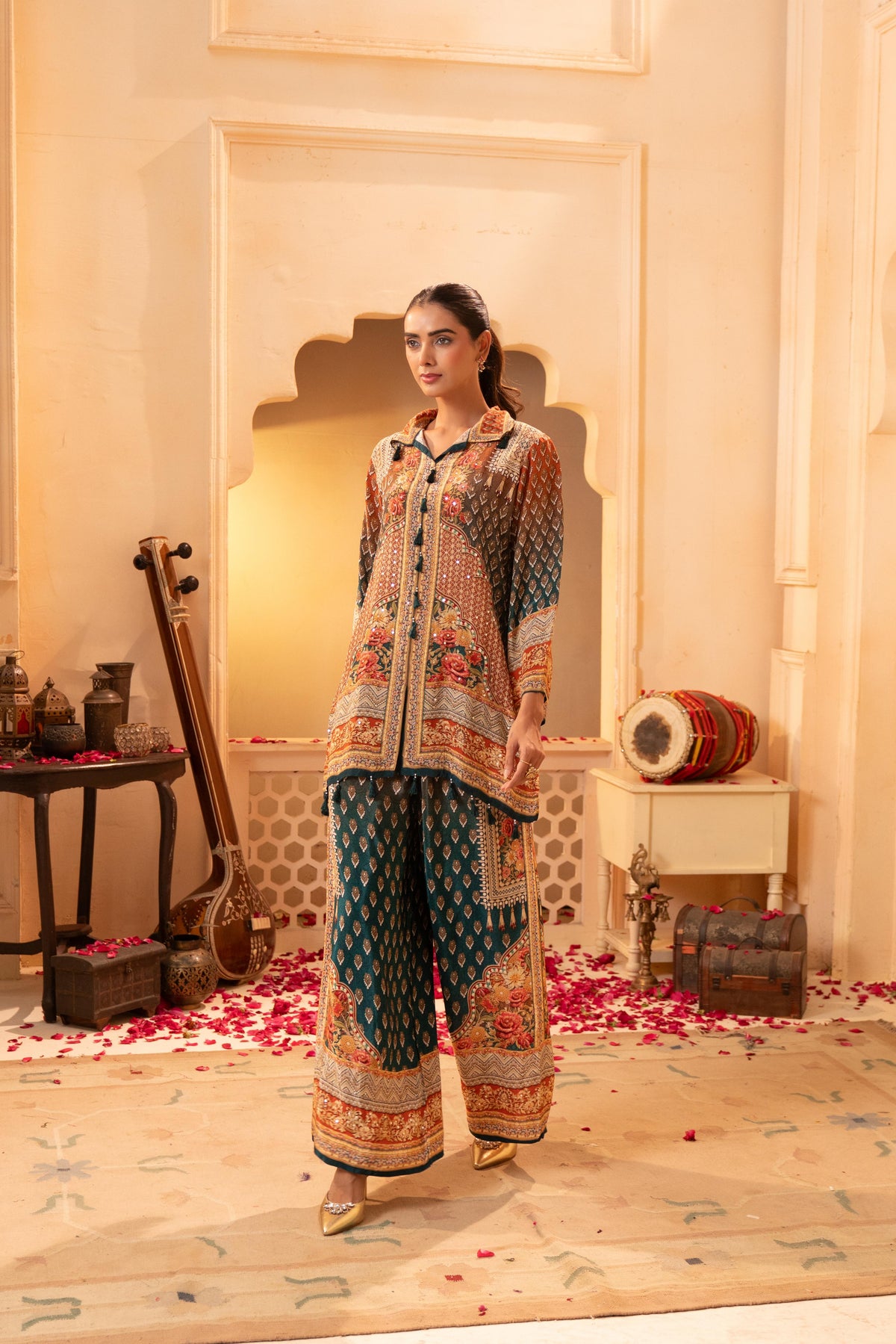 Multi Teal Yellow Embellished Crepe Silk Co-Ord Set