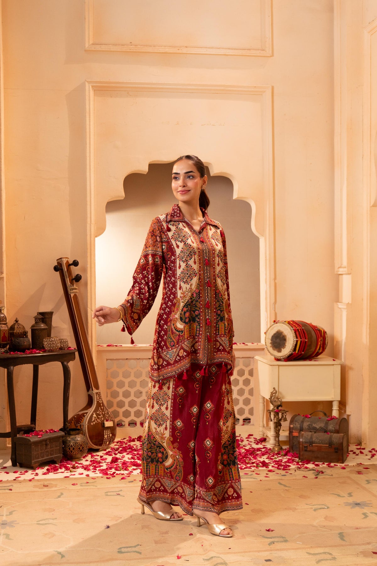 Deep Maroon Embellished Crepe Silk Co-Ord Set