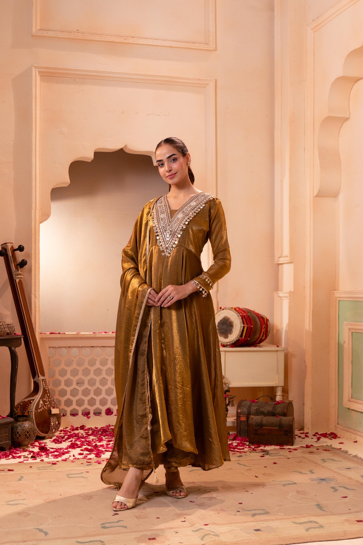 Metallic Antique Gold Embellished Roman Silk Pant Set