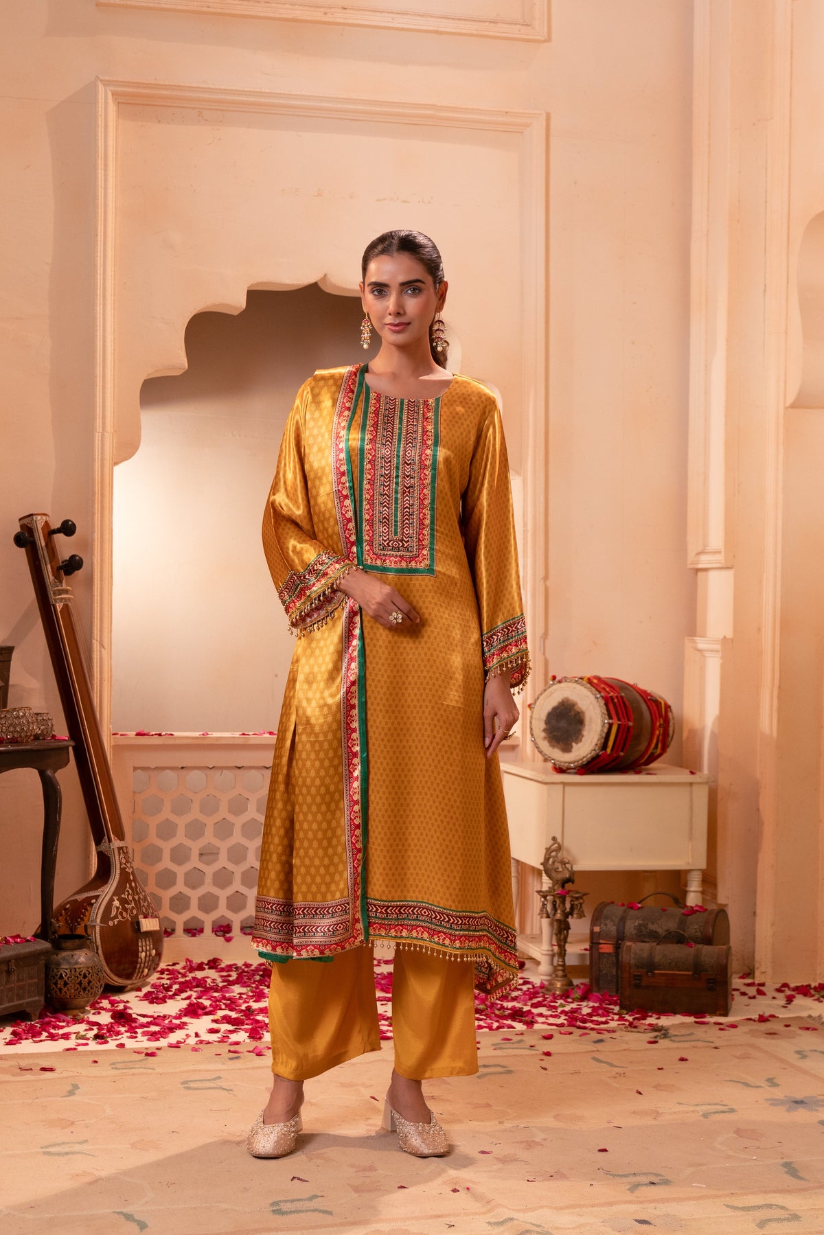 Mustard Gold Embellished Crepe Satin Silk Palazzo Set