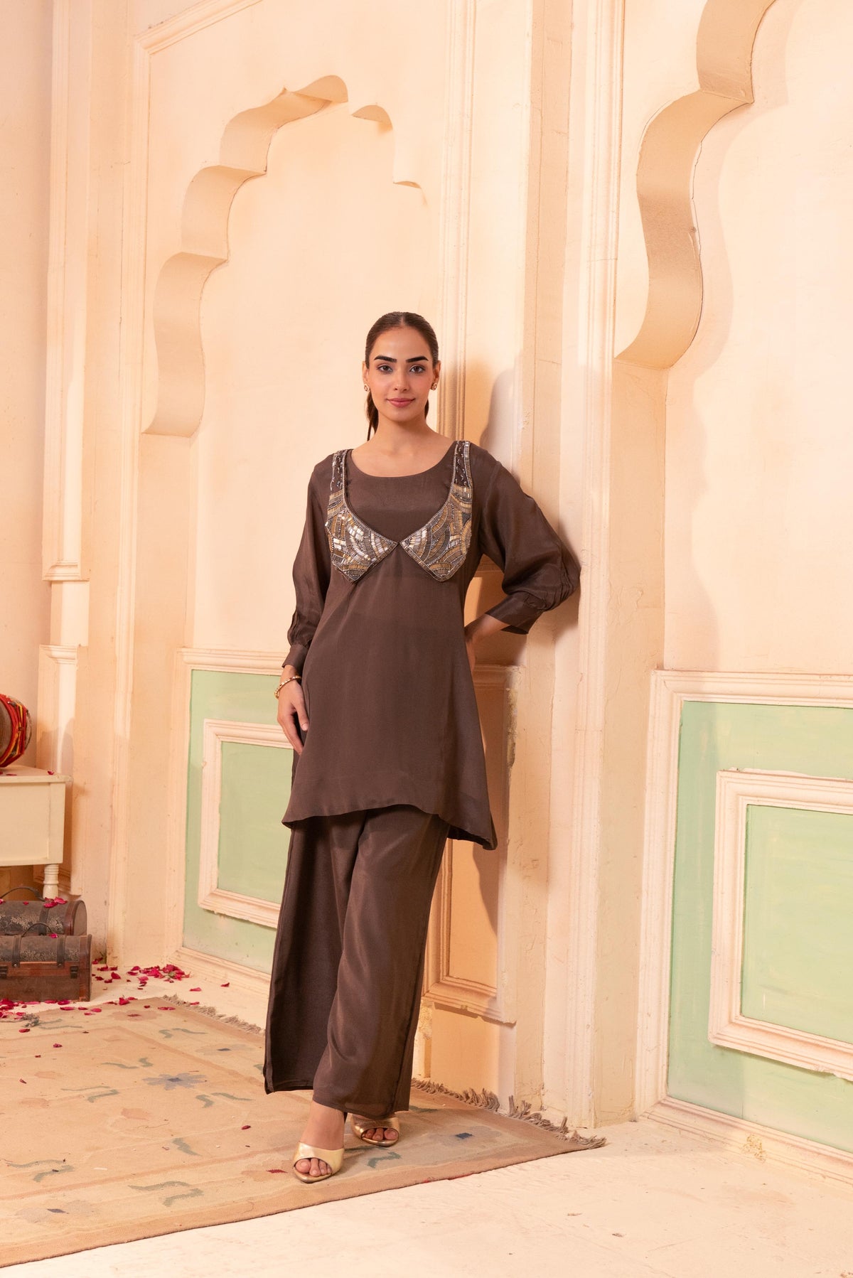 Chocolate Brown Embellished Chinon Silk Palazzo Set
