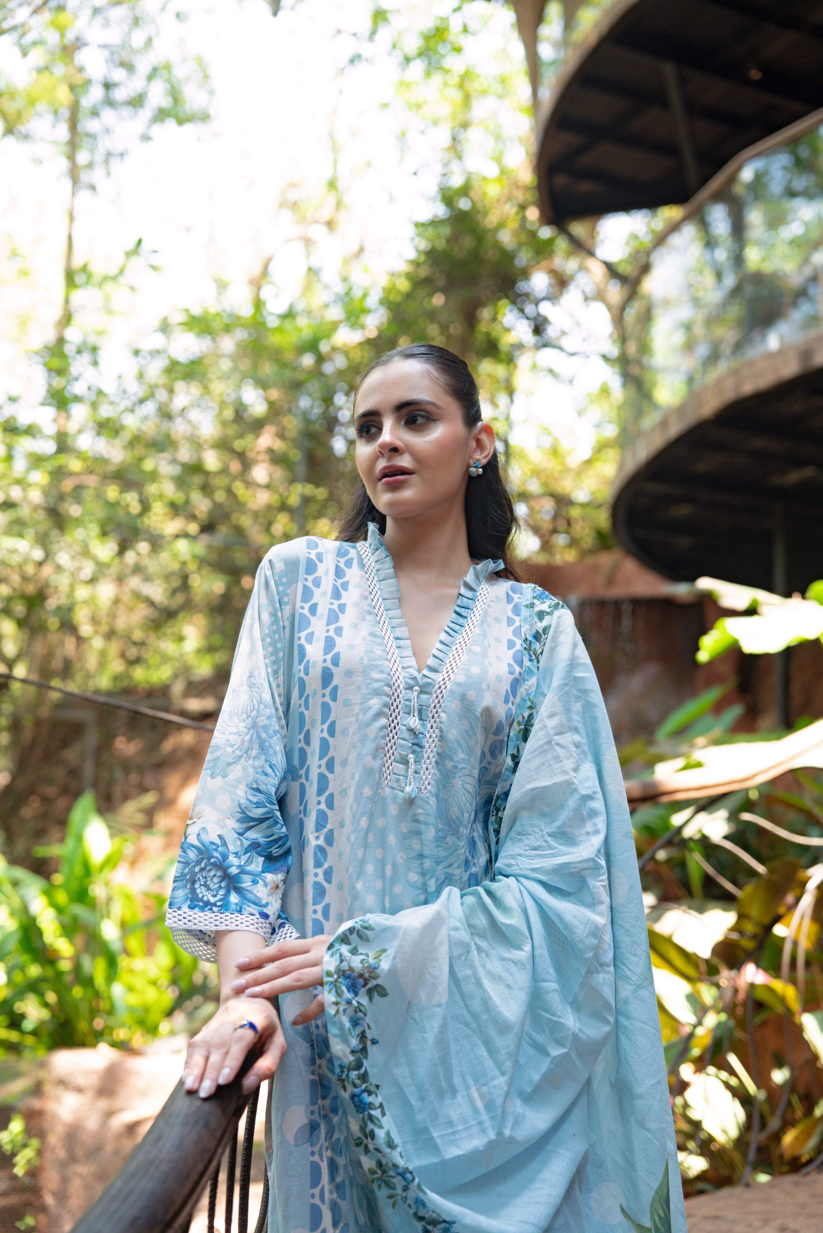 Frosted Blue Printed Cotton Pant Set