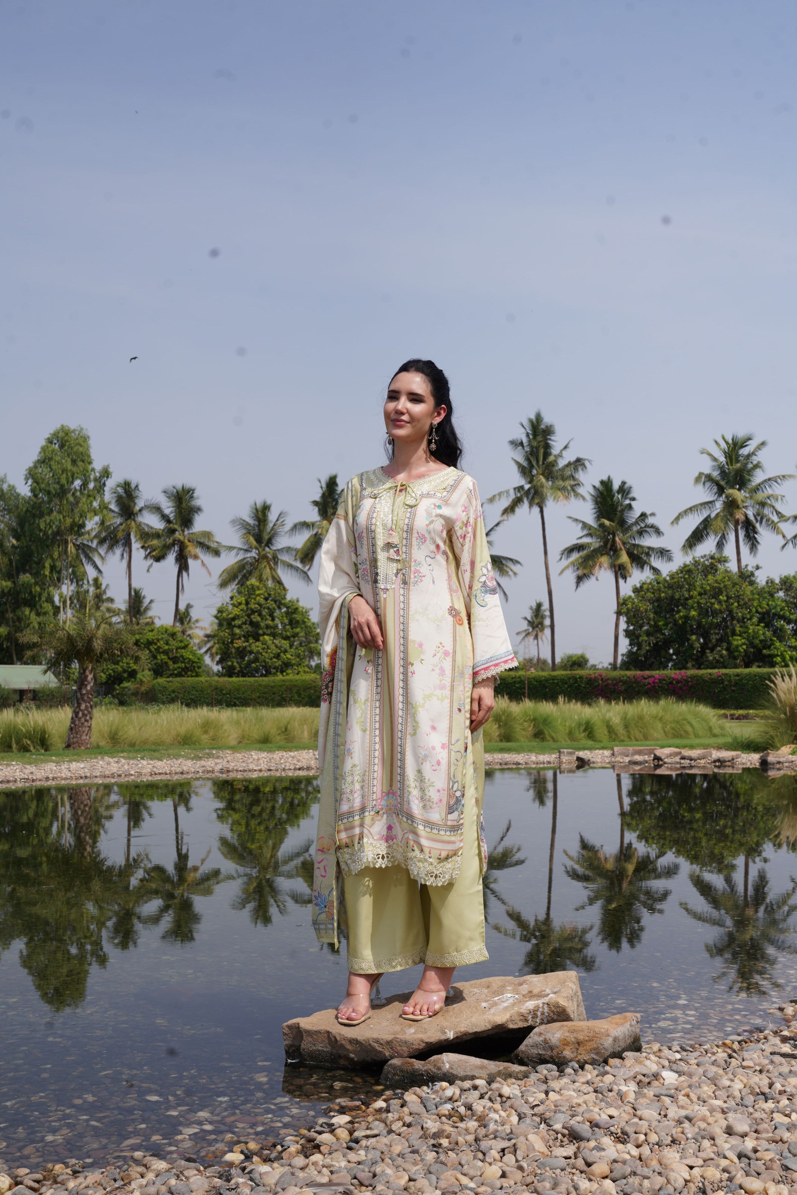 Pistachio Meadow Printed Crepe Silk Kurta Set