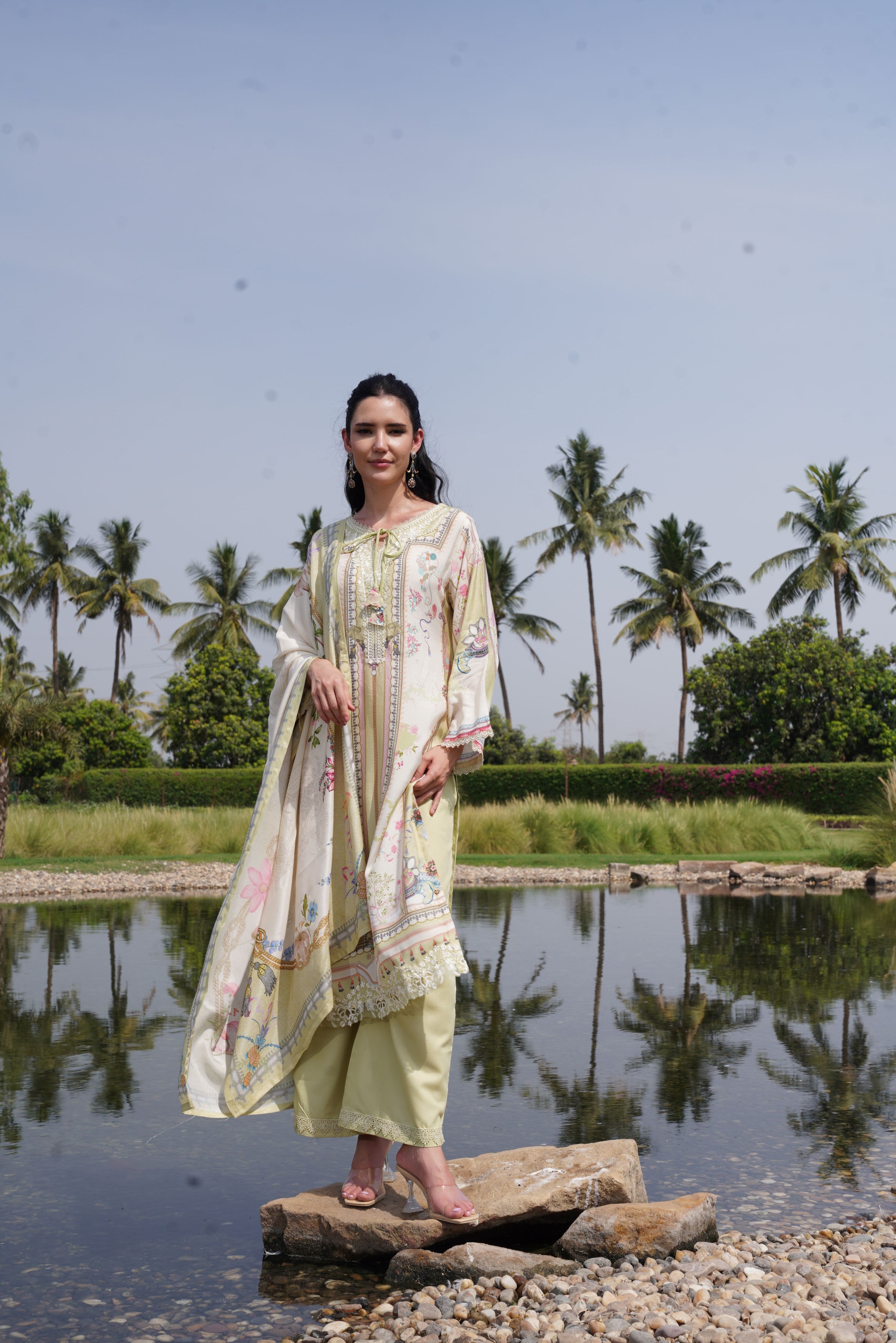 Pistachio Meadow Printed Crepe Silk Kurta Set