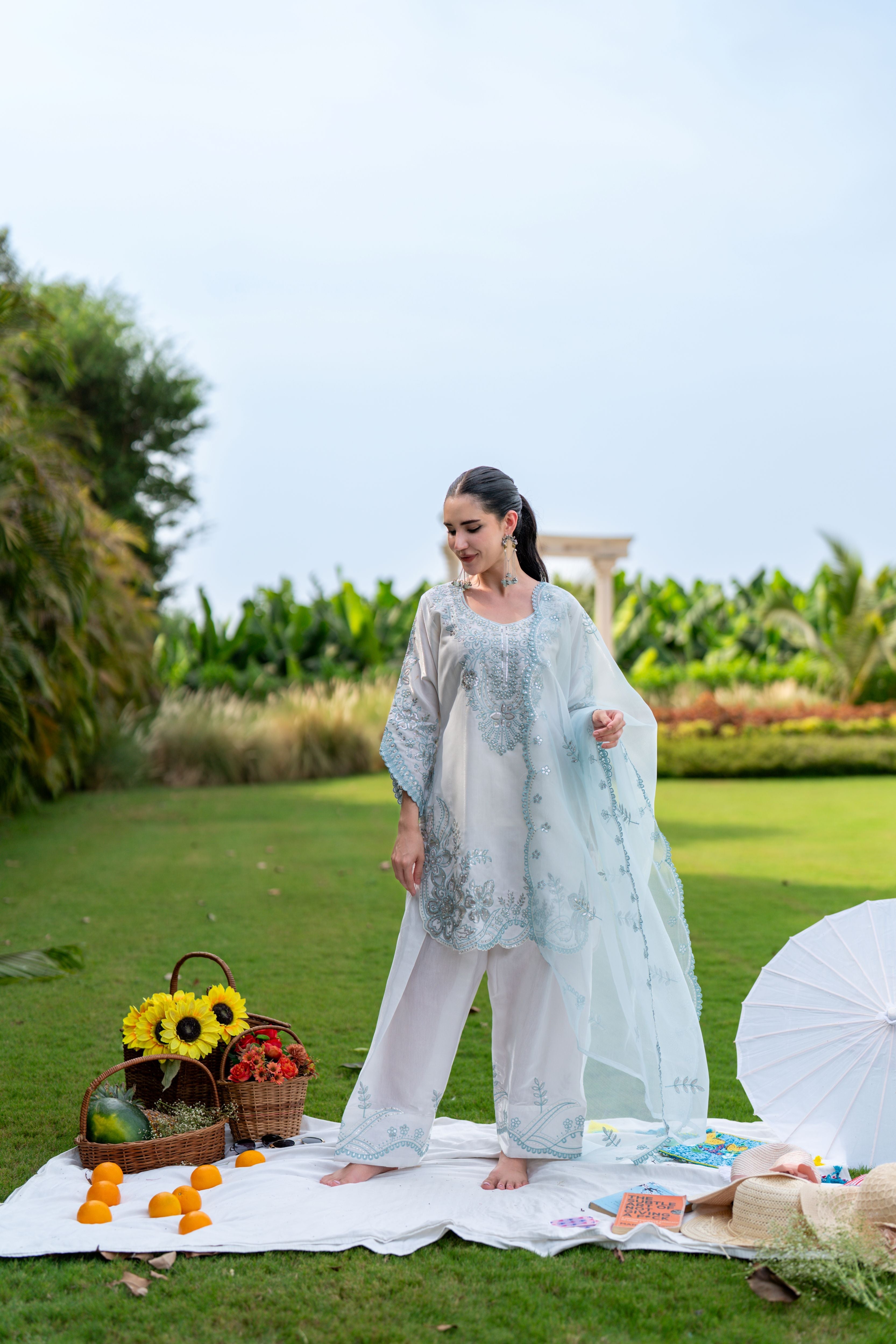 Ice Blue Glaze Embellished Satin Silk Pant Set