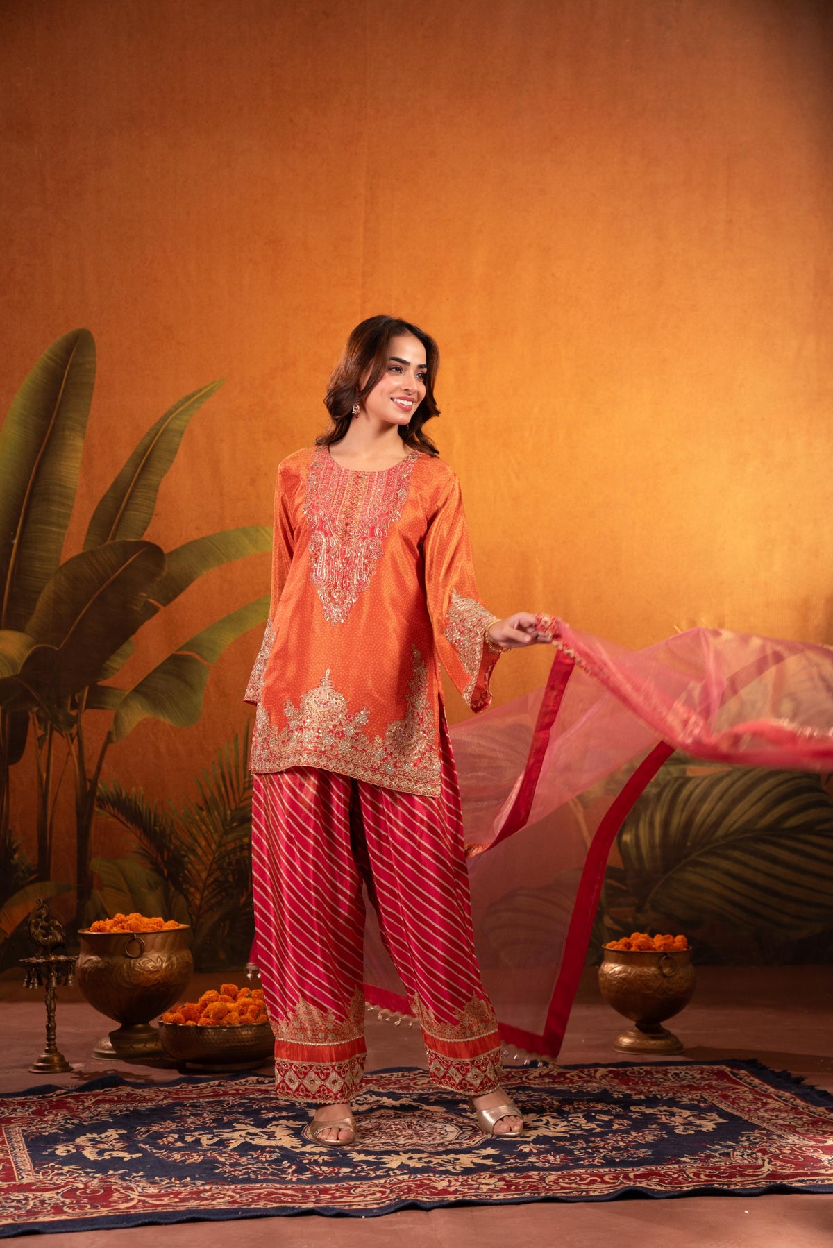 Tangerine Orange Embellished Shimmer Silk Salwar Set