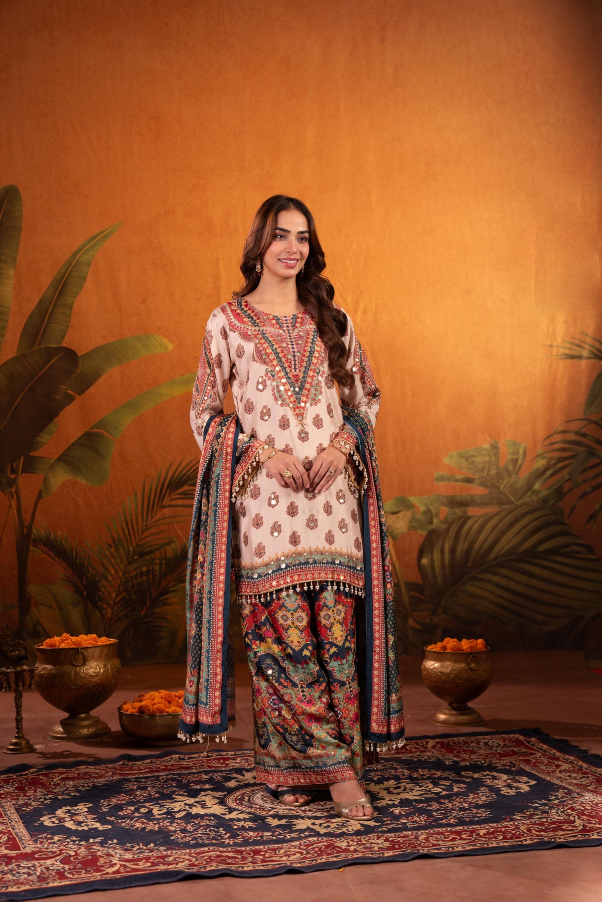 Champagne Beige Crepe Satin Silk Palazzo Set