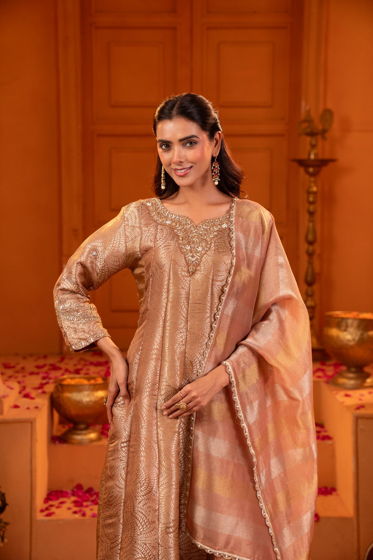 Walnut Brown Embellished Brocade Silk Pant Set