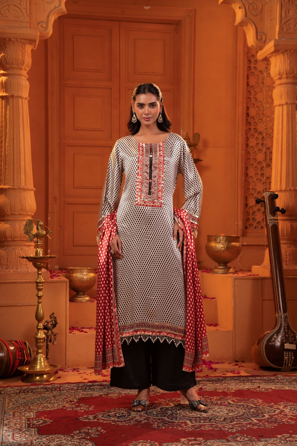 Black Embellished Crepe Satin Silk Palazzo Set