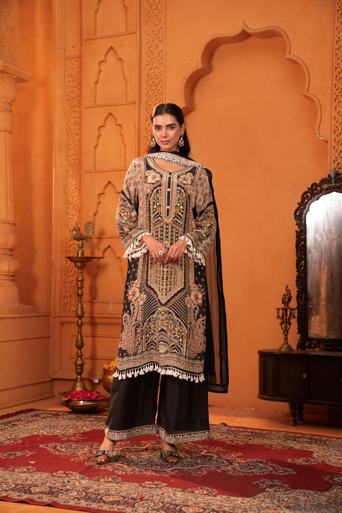 Black Embellished Muslin Silk Palazzo Set