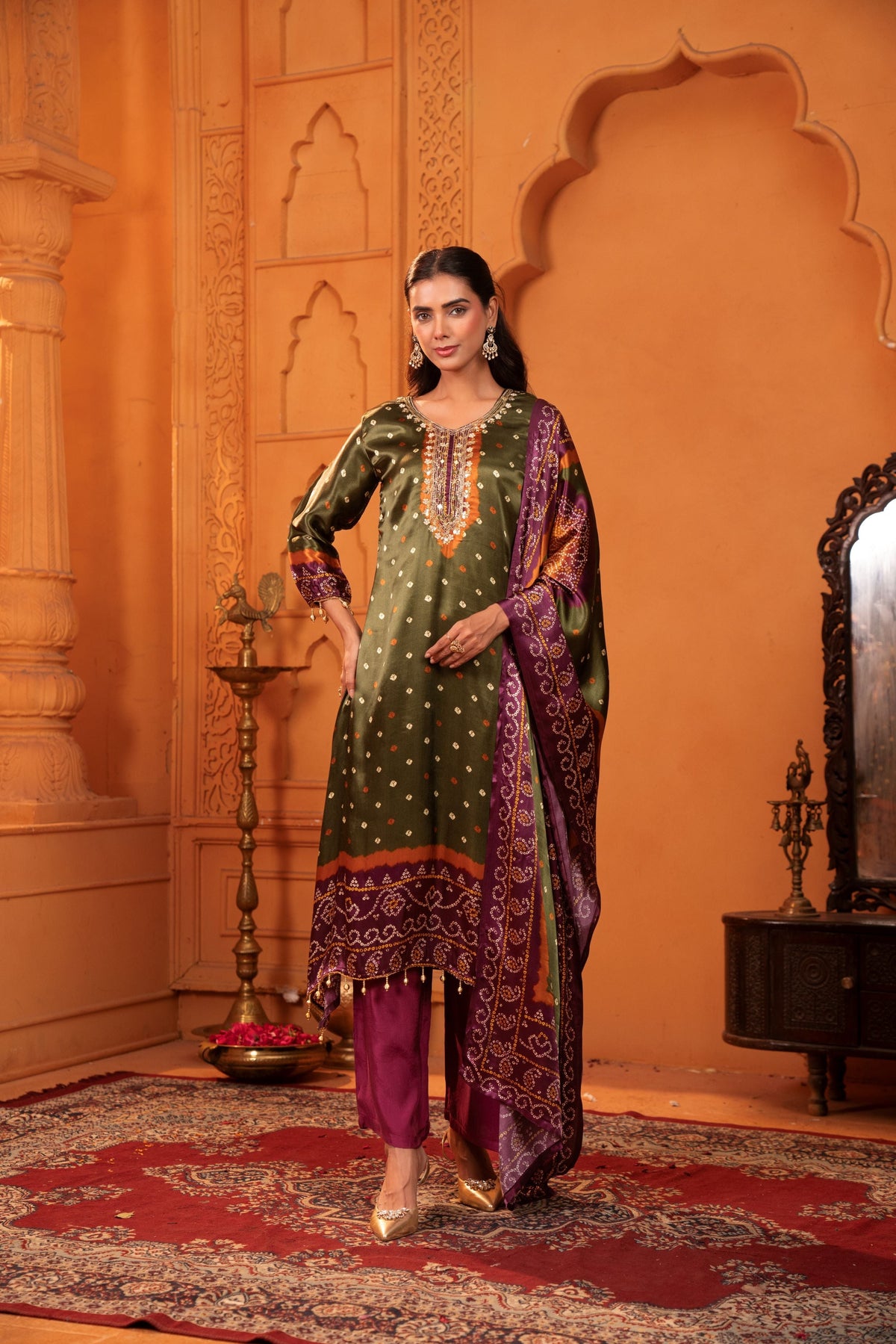 Olive Green Embellished Gaji Silk Palazzo Set